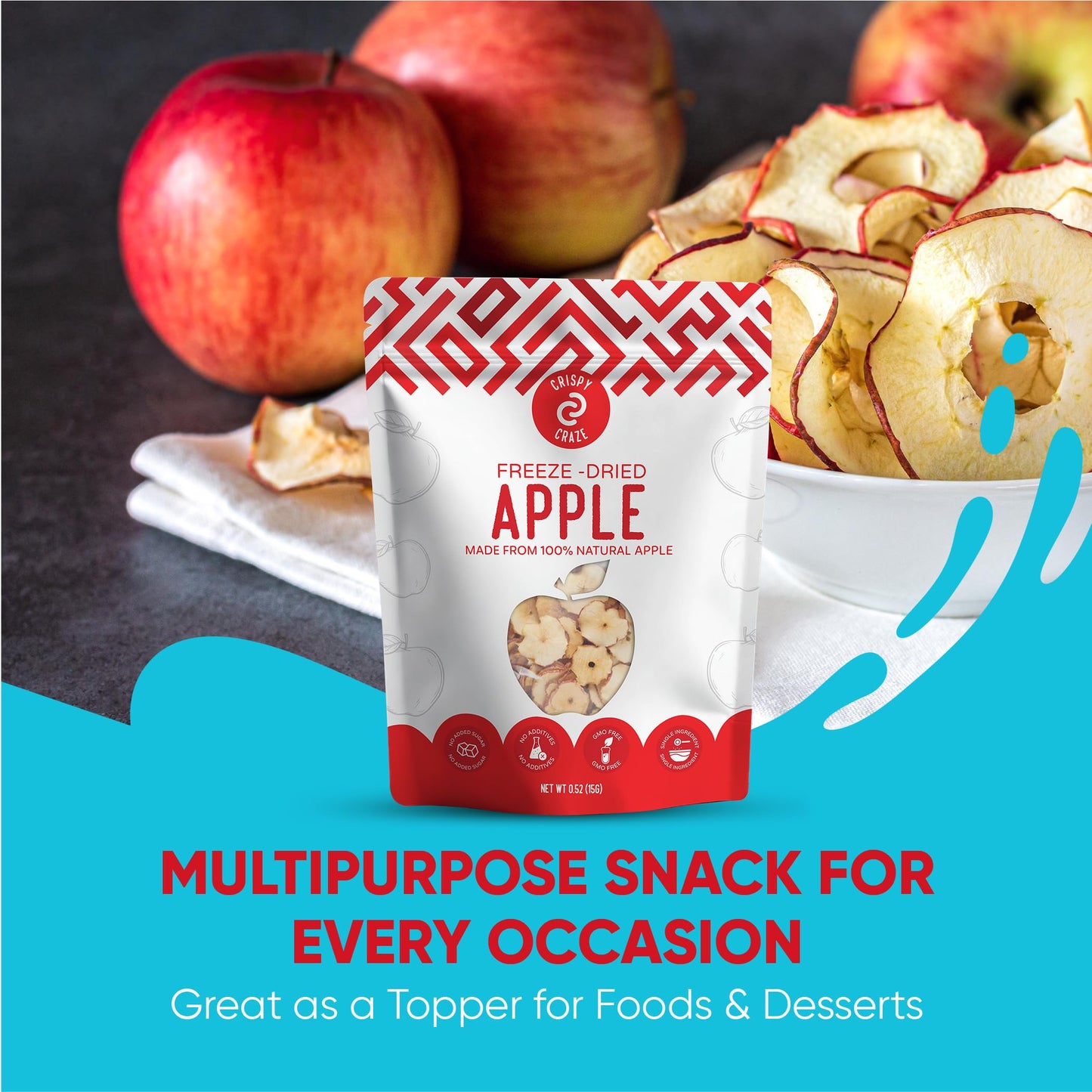 Crispy Craze Freeze Dried Apple (24 Snack Sized Bags, 0.52 Oz Each), Sliced Apple Fruit Crisps, Non Gmo, Healthy Snack, No Added