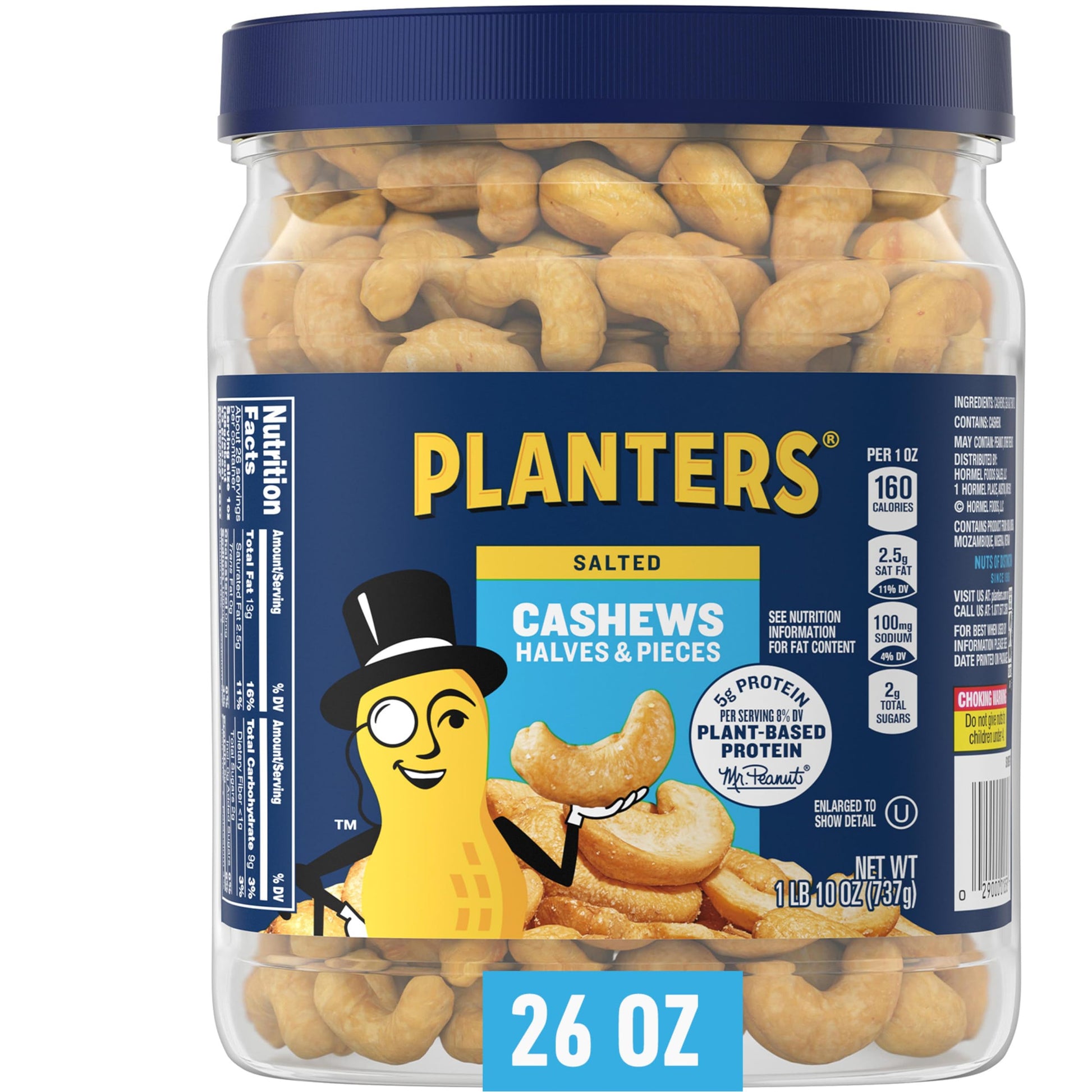 PLANTERS Salted Cashew Halves & Pieces, Party Snack, 26oz Canister, Plant-Based Protein, Kosher