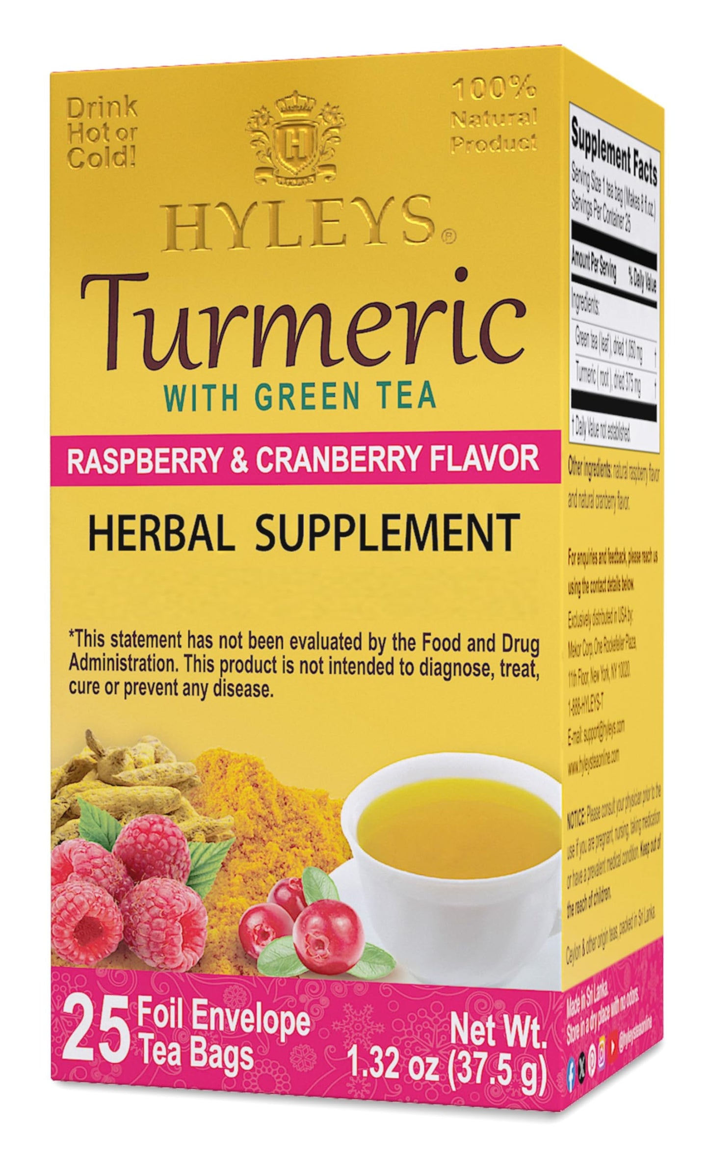 HYLEYS Turmeric Green Tea with Raspberry & Cranberry - 25 Tea Bags, GMO Free, Gluten Free, Dairy Free, Sugar Free, 100% Natural