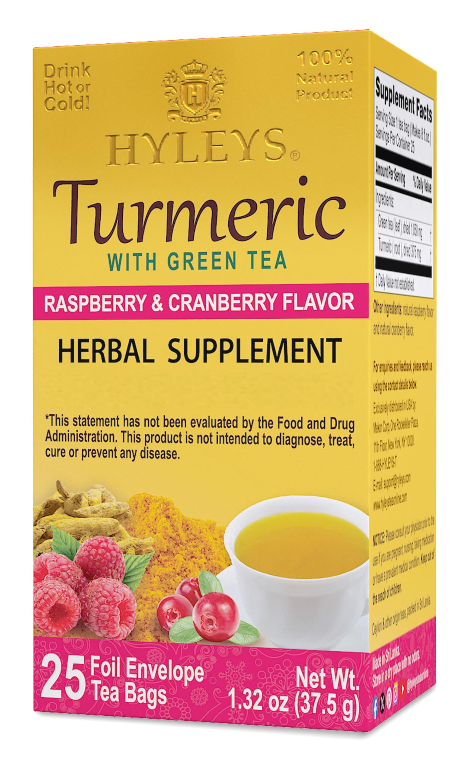 HYLEYS Turmeric Green Tea with Raspberry & Cranberry - 25 Tea Bags, GMO Free, Gluten Free, Dairy Free, Sugar Free, 100% Natural