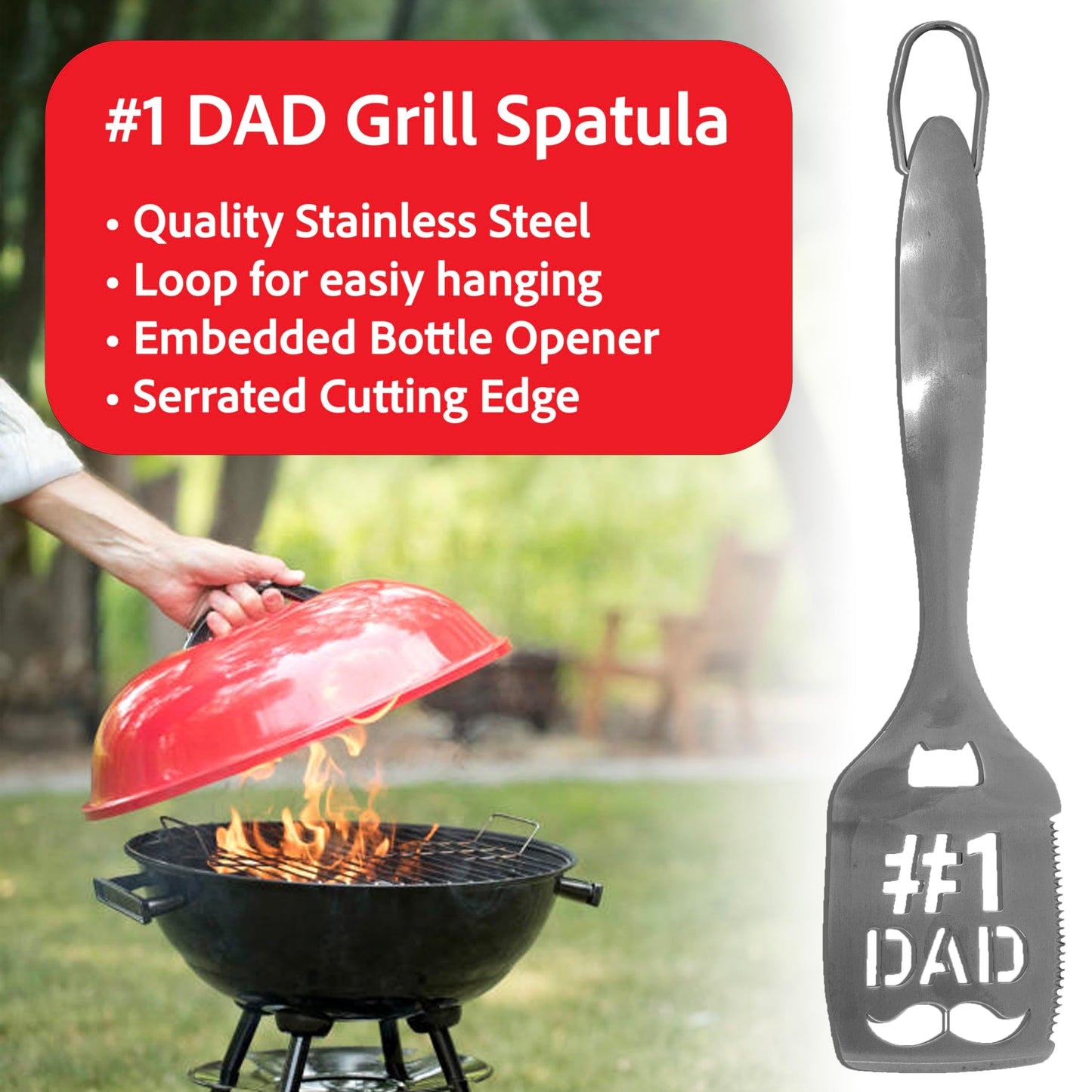 Pelto Dad BBQ Tool and Spices Set - Stainless Steel Grill Spatula, Tongs, 3 Daddy Spices, Model DAD_GRILL