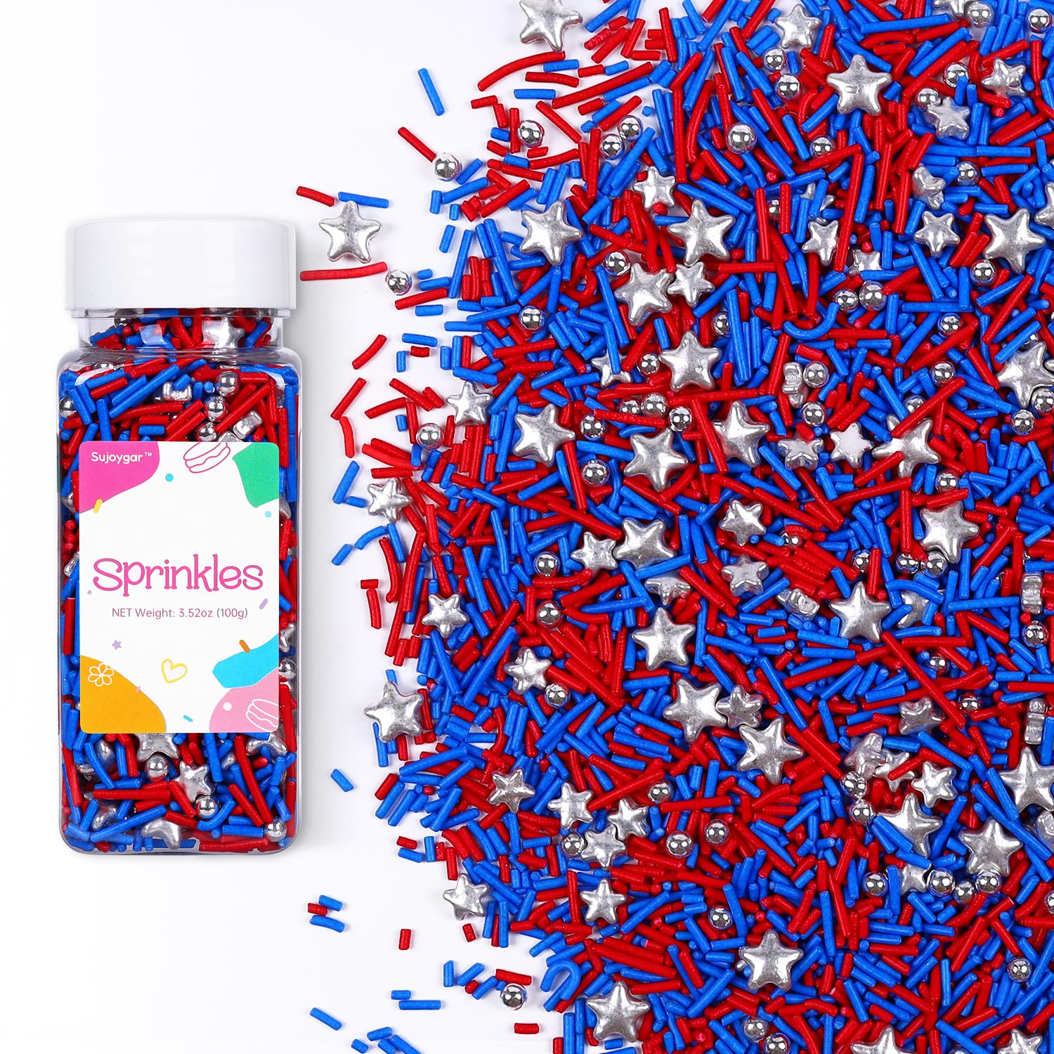 4th of July Sprinkles, Patriotic Sprinkles for Cupcakes, Metallic Sliver Star Red Blue Sprinkles for Cake Decorating Cupcakes Ic