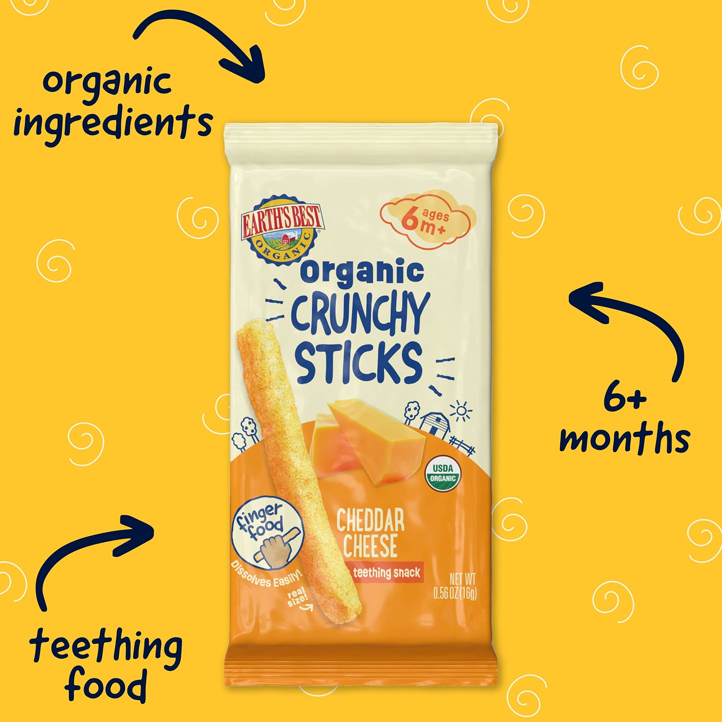 Earth'S Best Organic Baby Food, Dissolvable Teething Snack For Babies 6 Months And Older, Cheddar Cheese Crunchy Sticks, .56 Oz