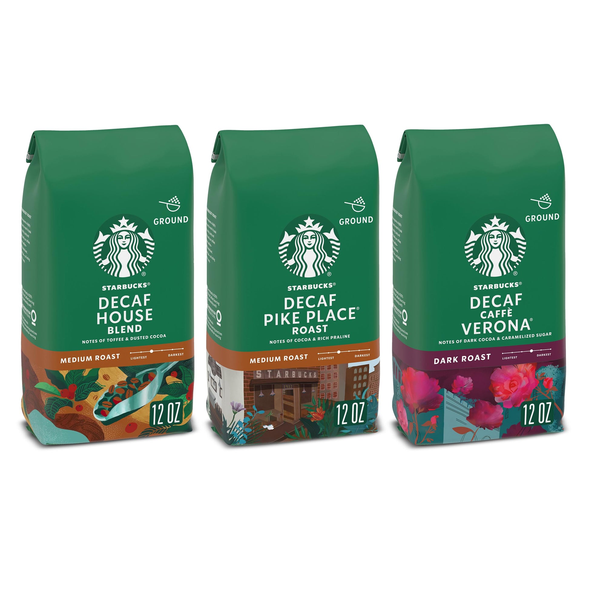 Starbucks Ground Coffee Variety Pack, Medium & Dark Roast, Decaf, 3 bags (12 oz each)