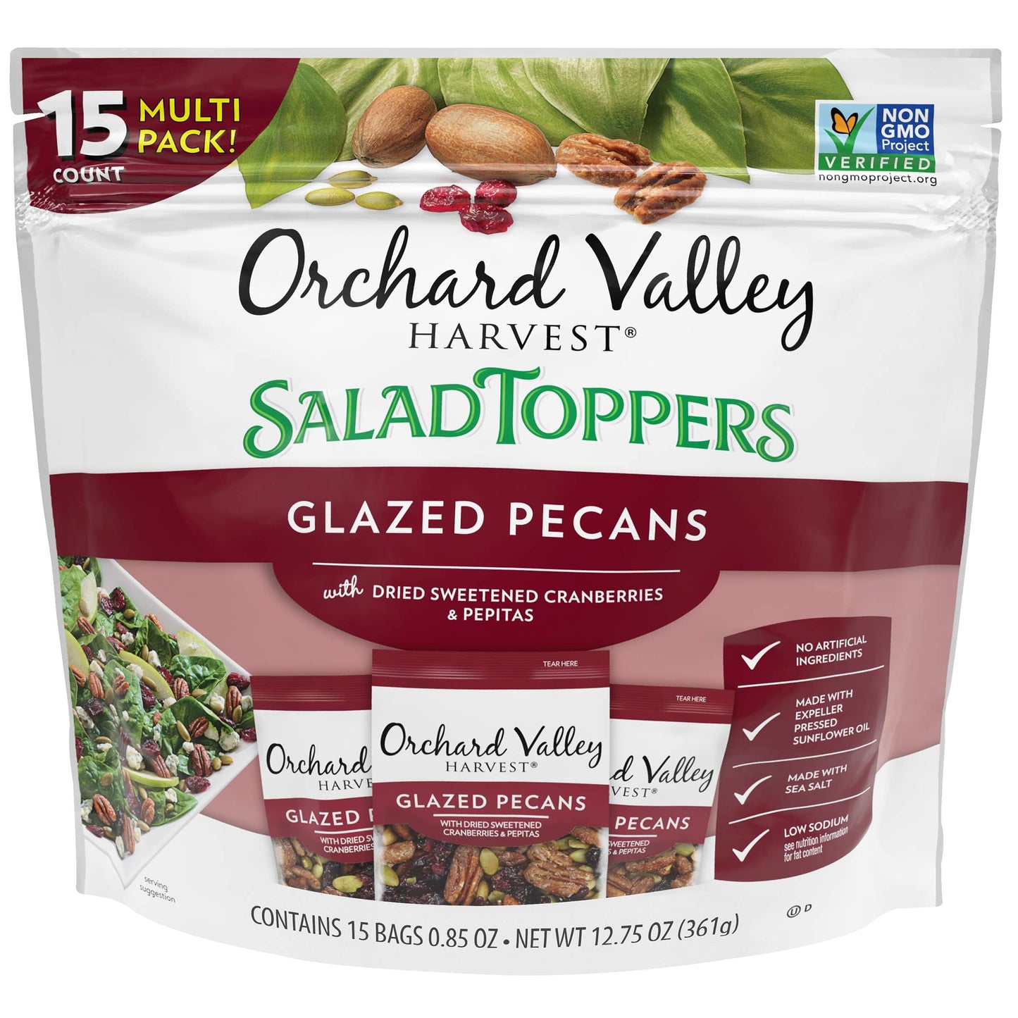 Orchard Valley Harvest Glazed Pecans Salad Toppers 0.85 Ounce Bags (Pack Of 15) With Cranberries And Pepitas Non-Gmo No Artifici