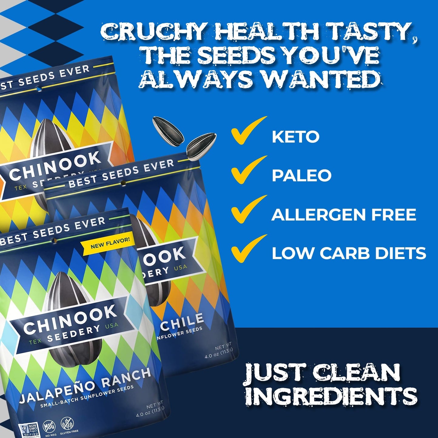 Chinook Seedery Roasted Sunflower Seeds, Jumbo Keto Snacks, Gluten Free, 4 oz (Pack of 3), Bring the Heat Variety Pack