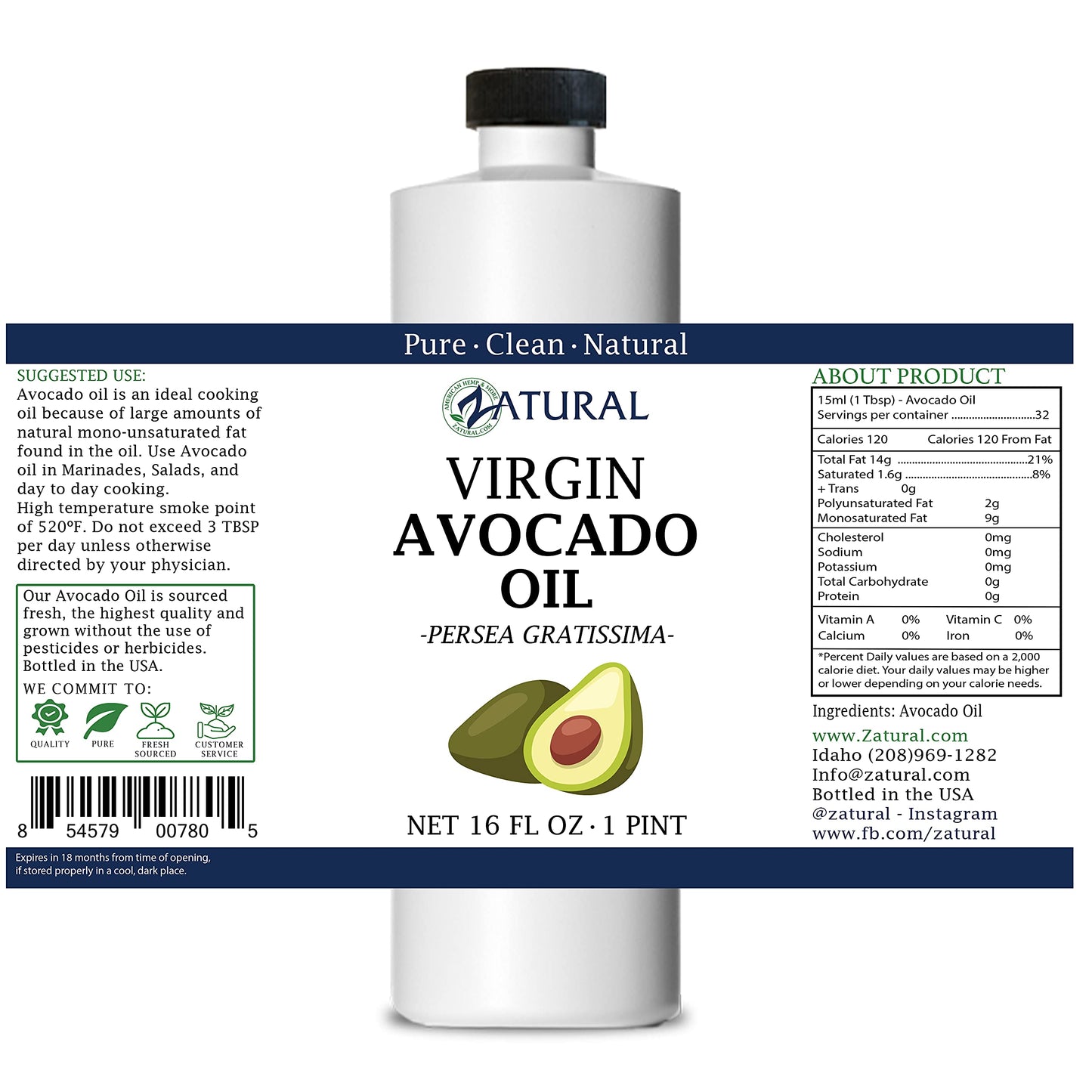 Zatural Organically Grown Avocado Oil 100% Pure Cold Pressed Natural Oil For High Temp Cooking (16Oz)