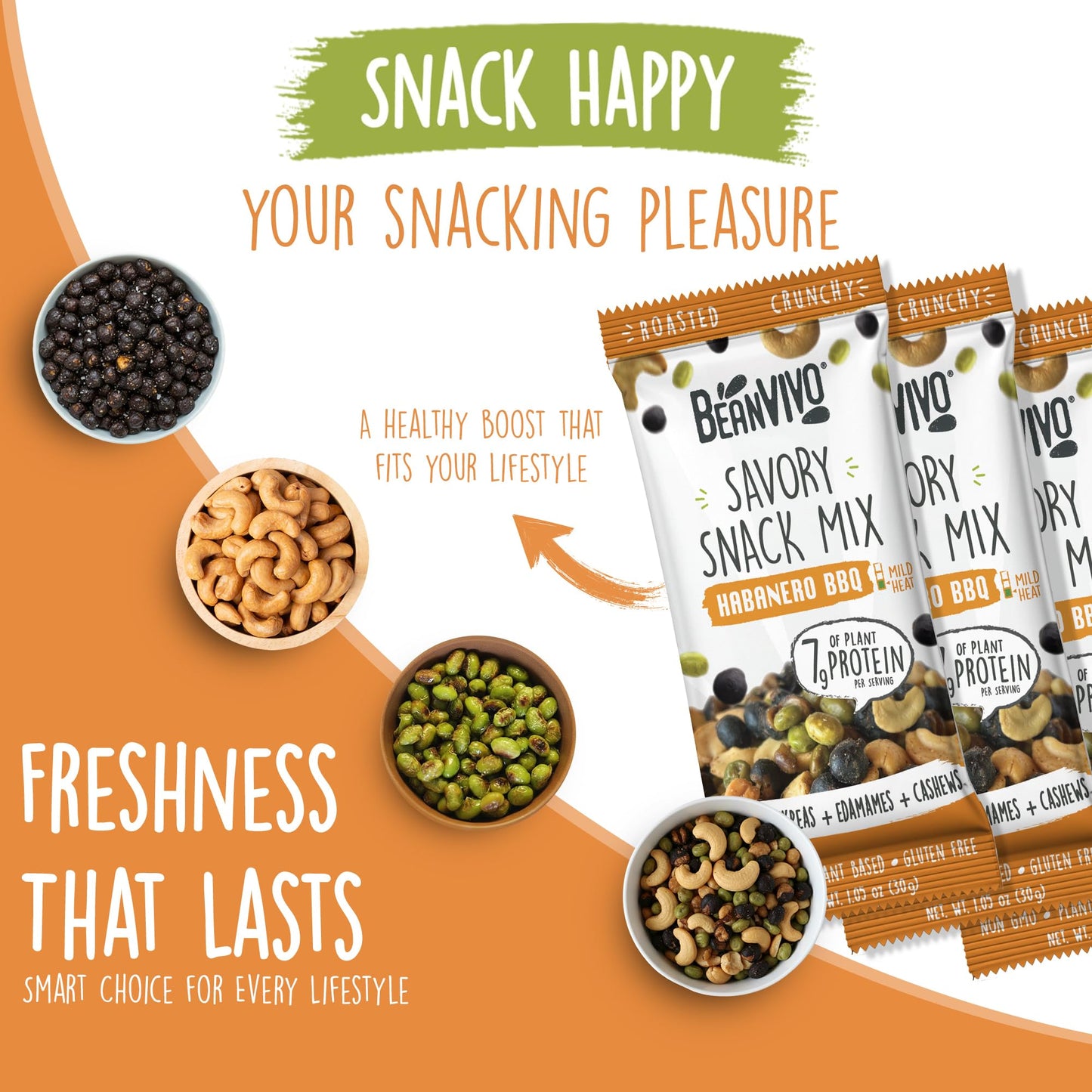 Beanvivo Healthy Snacks For Mature-Themeds & Kids With 7G Protein & 5G Fiber Per Serving With Dried Edamame, Roasted Cashew And Black Chickpeas - Vegan & Gluten Free - Keto Friendly & Non-Gmo - 8Pack (1.05 Oz Each Pouch)