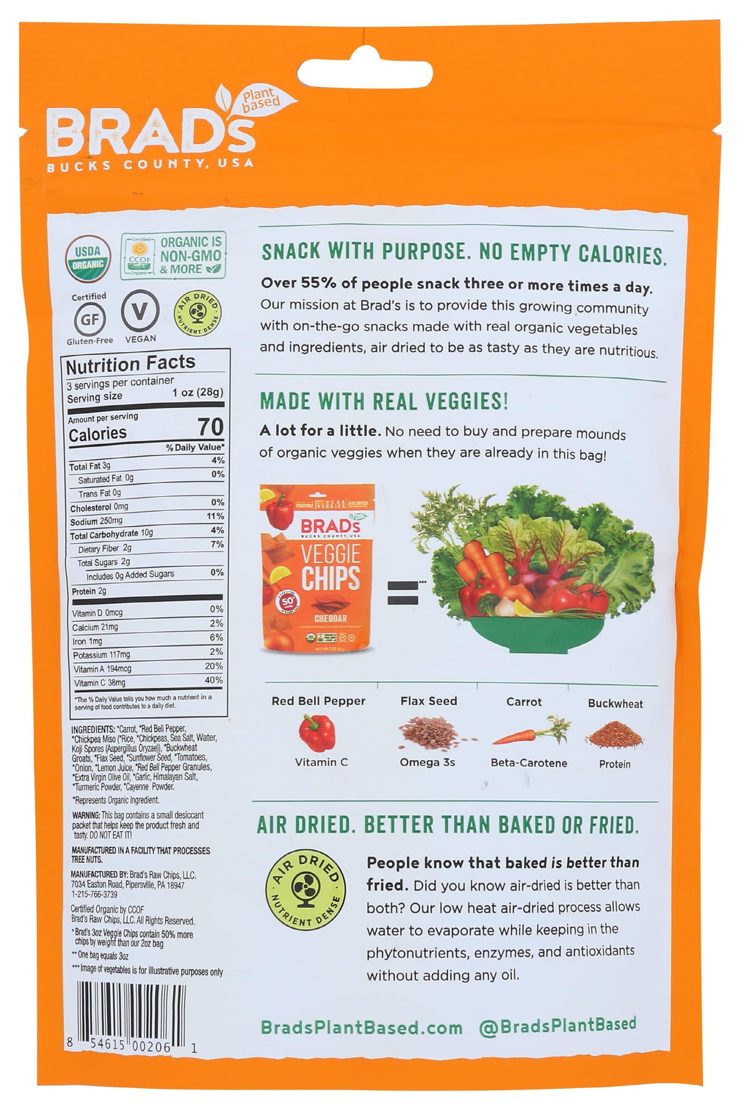 3Oz Cheddar Flavor - Famous Brads Raw Chips - Vegan, Gluten Free, Natural, Healthy Snack