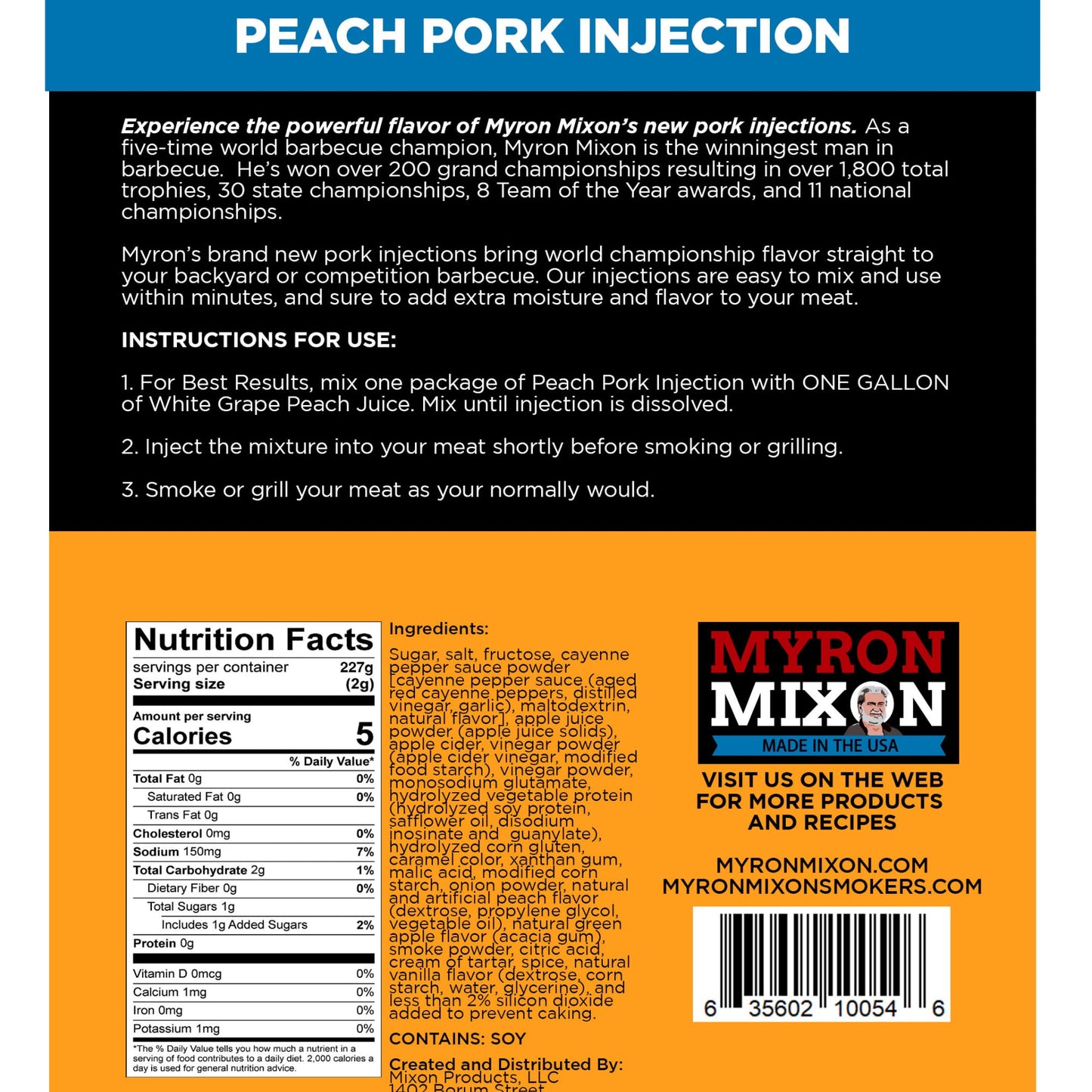 Myron Mixon Peach Pork Injection | Champion Recipe | 16 Oz | USA Made