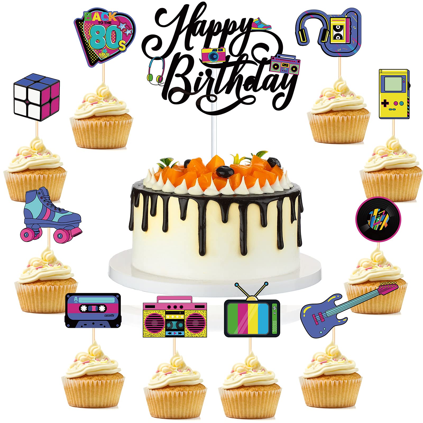 Outus 51 Pcs 80s Retro Cake Topper Set, Colorful Paperboard Cupcake Toppers for Party Supplies