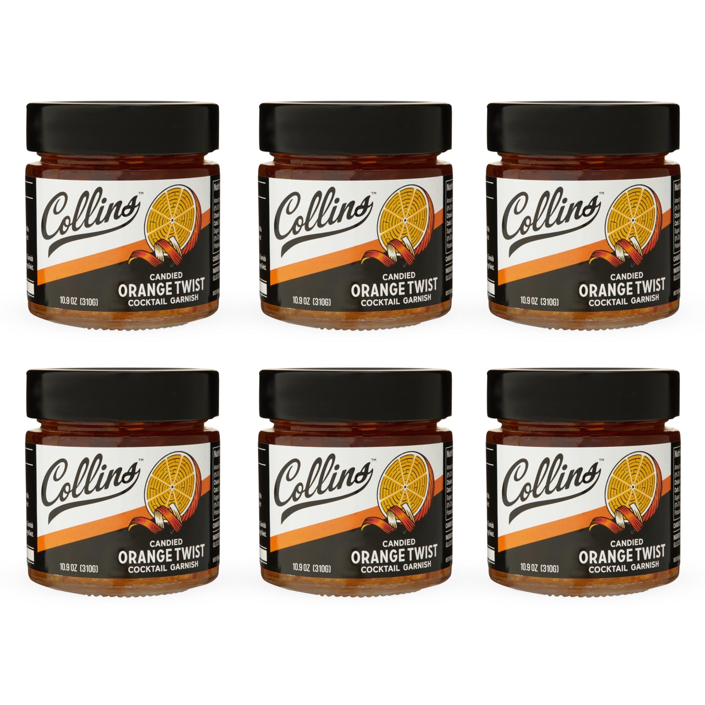 Collins Candied Fruit Orange Peel Twist in Syrup - Set of 6, 10.9oz - Ideal for Cocktails and Baking