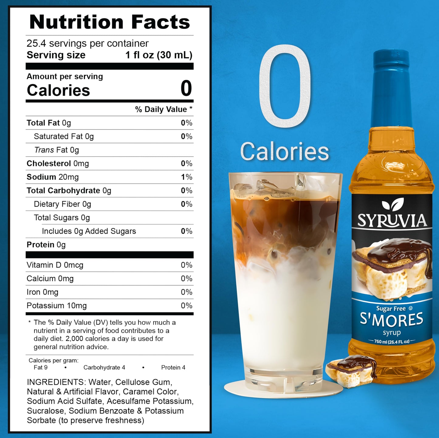 Syruvia Sugar-Free S'mores Coffee Syrup - 25.4 fl oz Premium Coffee Flavoring Syrup. 0 Calorie, Kosher, Gluten-Free. Perfect for
