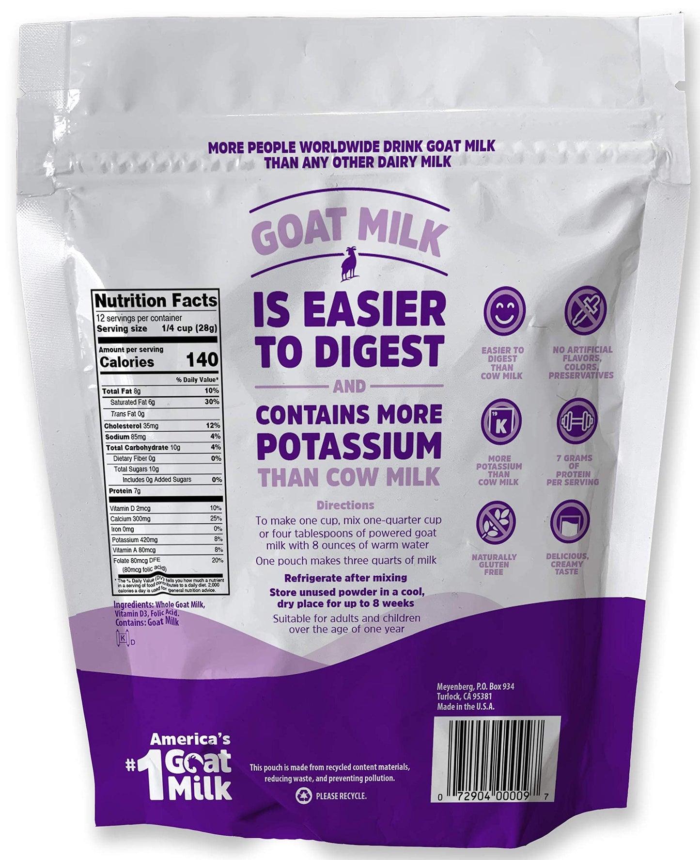 Meyenberg Whole Powdered Goat Milk, 12 Ounce, Resealable Pouch, Gluten Free, Vitamin D (Pack Of 3)