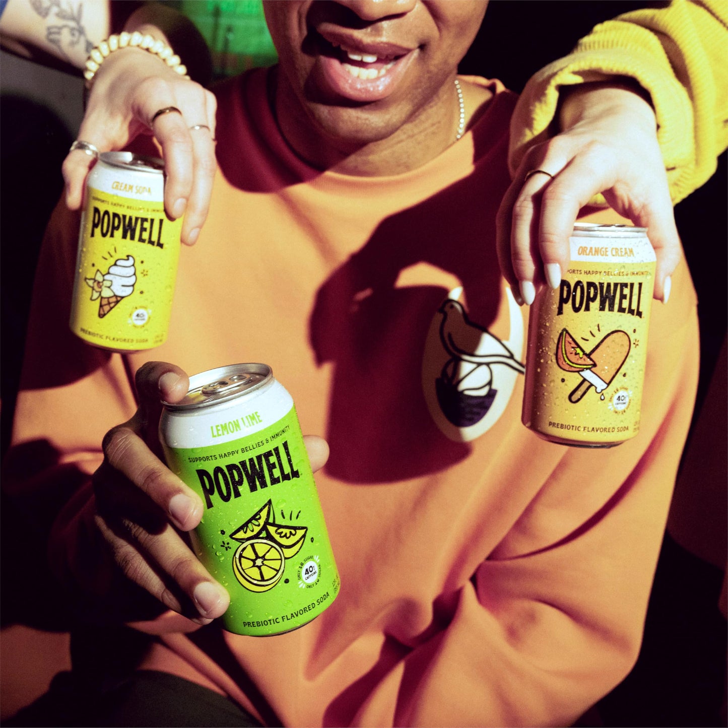 Popwell Caffeinated Prebiotic Soda Variety Pack, 12 Fl Oz (Pack of 12), 6g Fiber, 1g Sugar, Orange Cream, Lemon Lime, Cream Soda