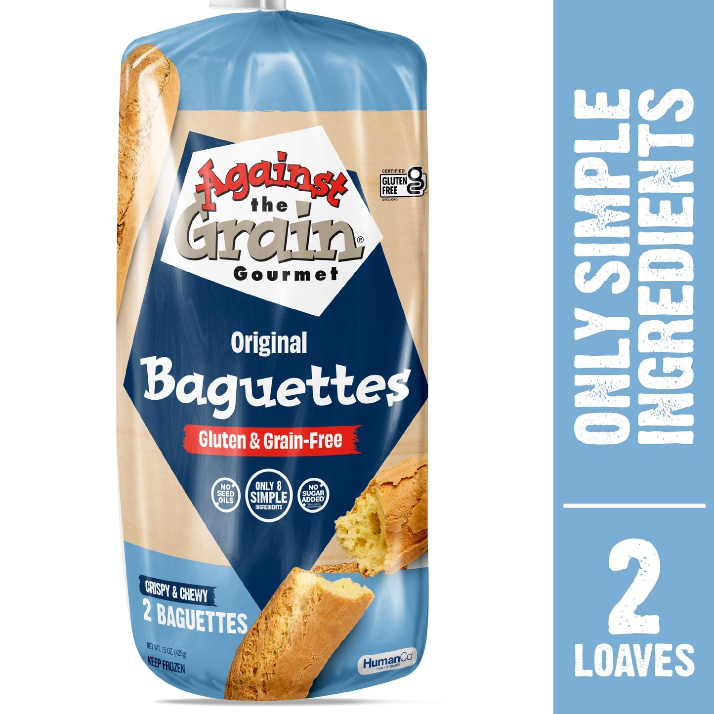 Against the Grain Gluten-Free Original Baguettes, 15 oz, No Grains, Seed Oils or Preservatives; Frozen Bread, 2 Baguettes