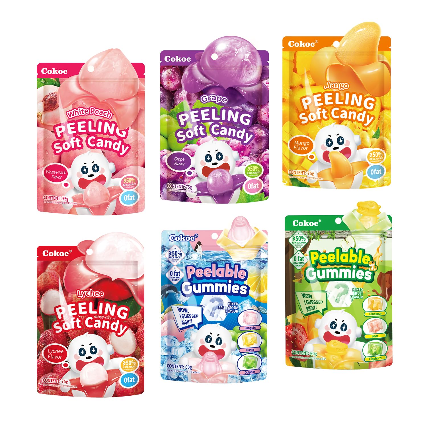 COKOC Peelable Gummy Variety Pack - 6 Flavors, Medium Size, Perfect for Snacking and Stocking Stuffers