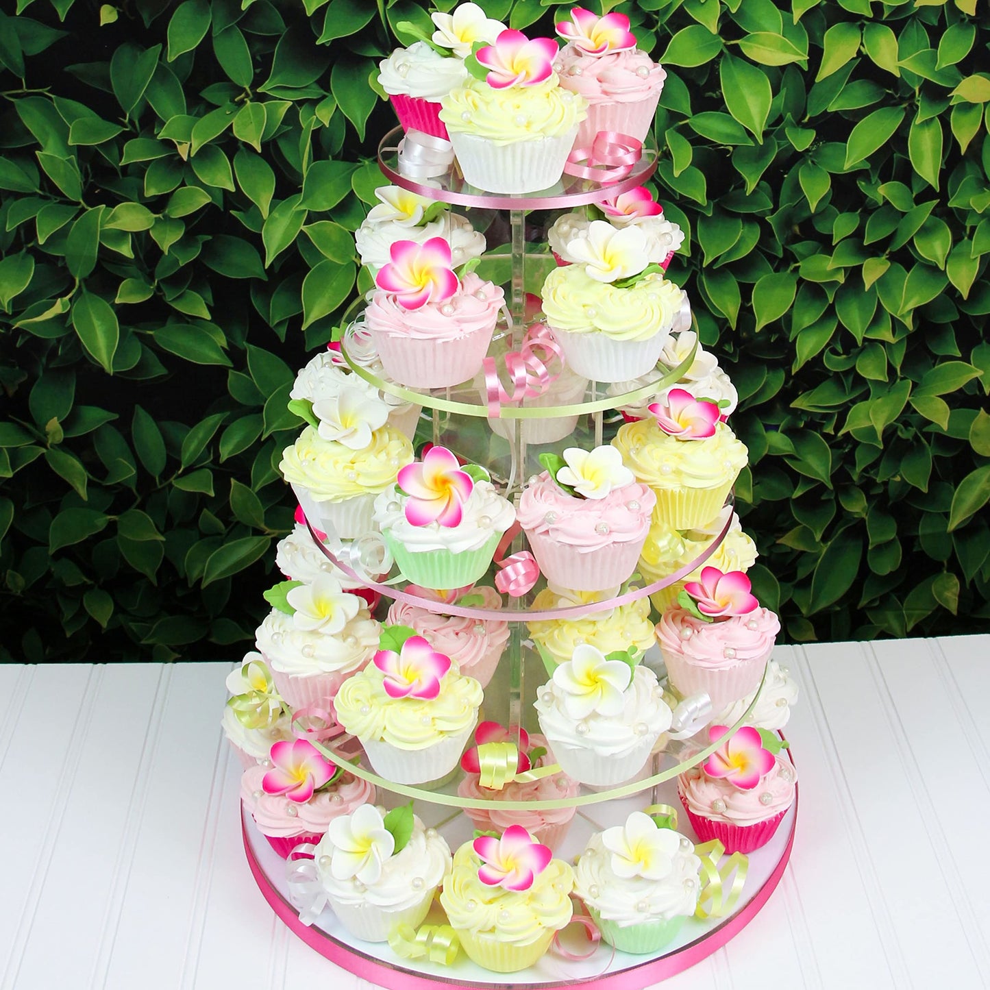 Global Sugar Art Tropical Frangipani Plumeria Edible Sugar Flower Blossoms, Wedding Cake & Cupcake Flowers with Leaves, 24 Count