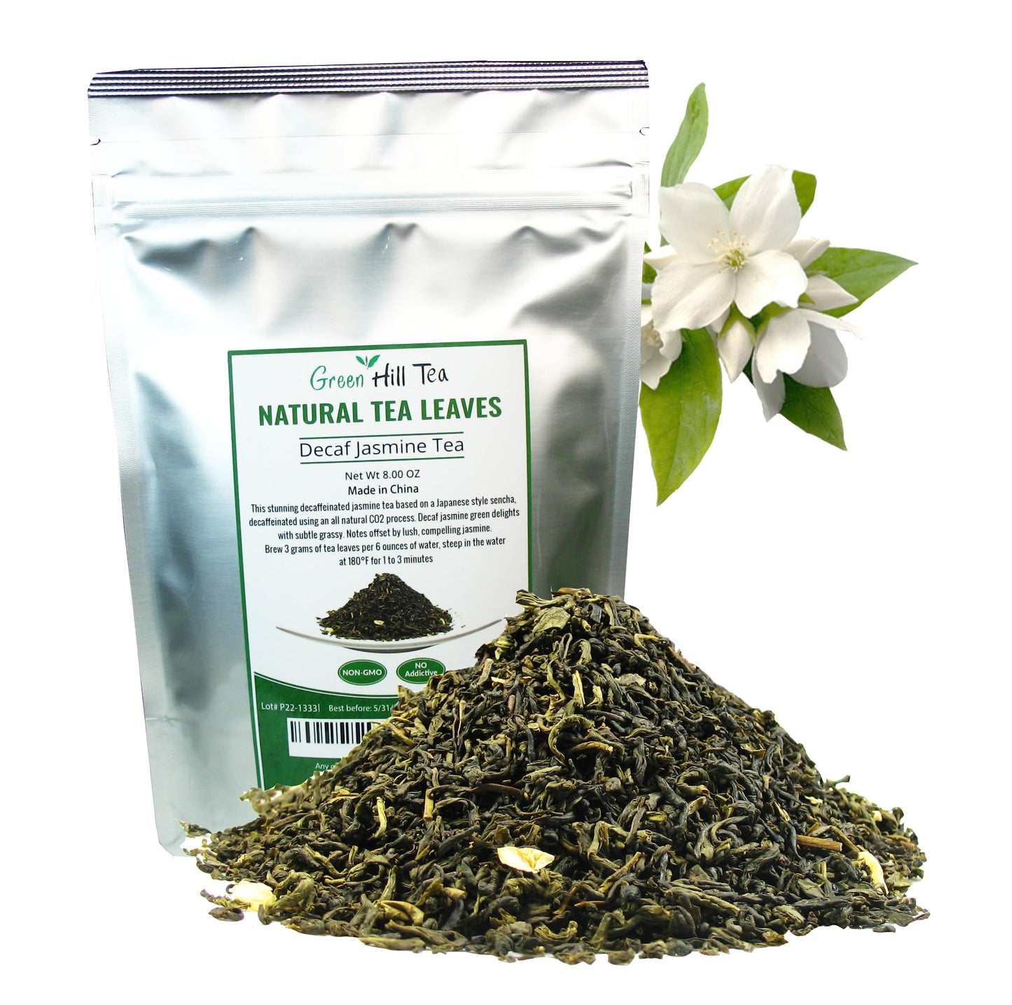 Greenhilltea Decaf Jasmine Green Tea - Caffeine-Free, 8 Oz Bag