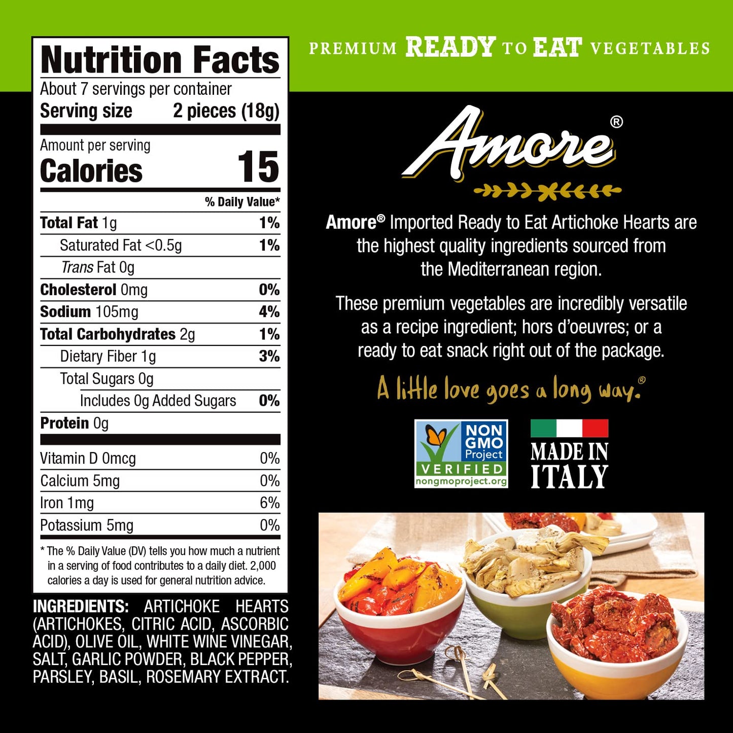 Amore Artichoke Hearts Vegan - Non Gmo Certified Ready-To-Eat Herb Infused Vegetables In Resealable Bags, 4.4 Ounce (Pack Of 10)