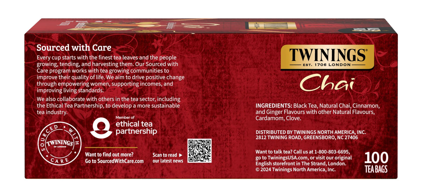 Twinings Chai Black Tea Individually Wrapped Bags, 100 Count (Pack Of 1), Richly Blended With Warm Spices, Caffeinated, Enjoy Ho