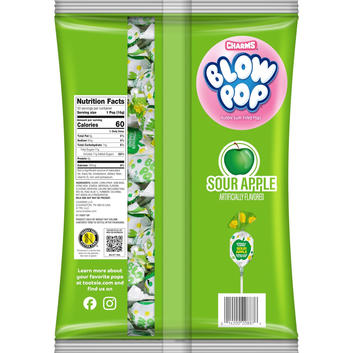Charms Blow Pop Single Flavor Bag - Sour Apple Flavored Lollipops With A Bubble Gum Center - Individually Wrapped Hard Candy - G