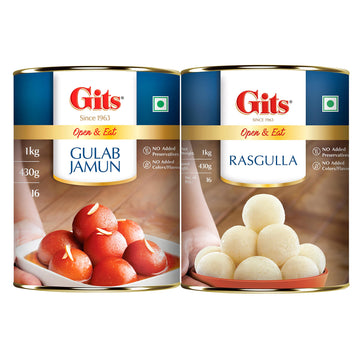 Gits 2Kg Gulab Jamun + Rasgulla Combo (1Kg Gulab Jamun Tin + 1Kg Rasgulla Tin)