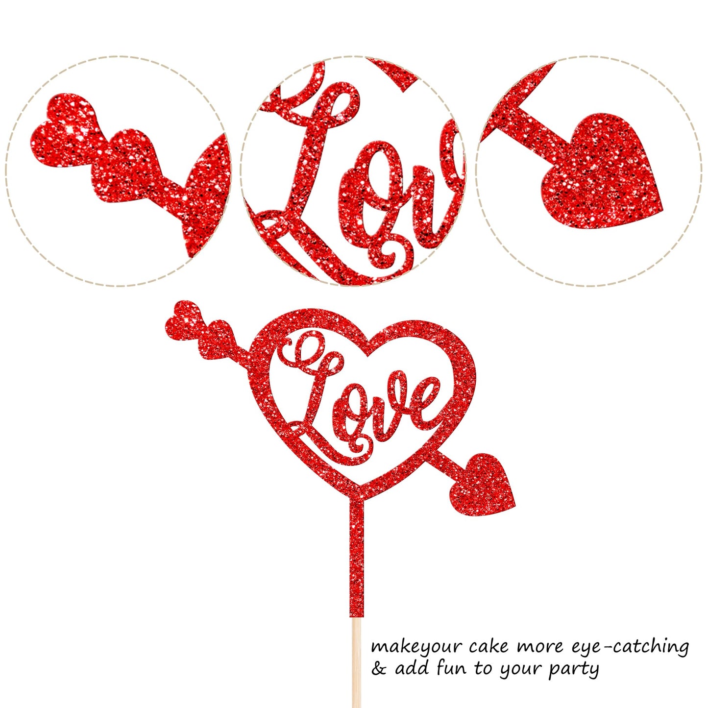 Rssta i Valentines Day Heart Cake Toppers, Red Glitter Paper Picks for Weddings, Bridal Showers, Anniversaries, and Parties