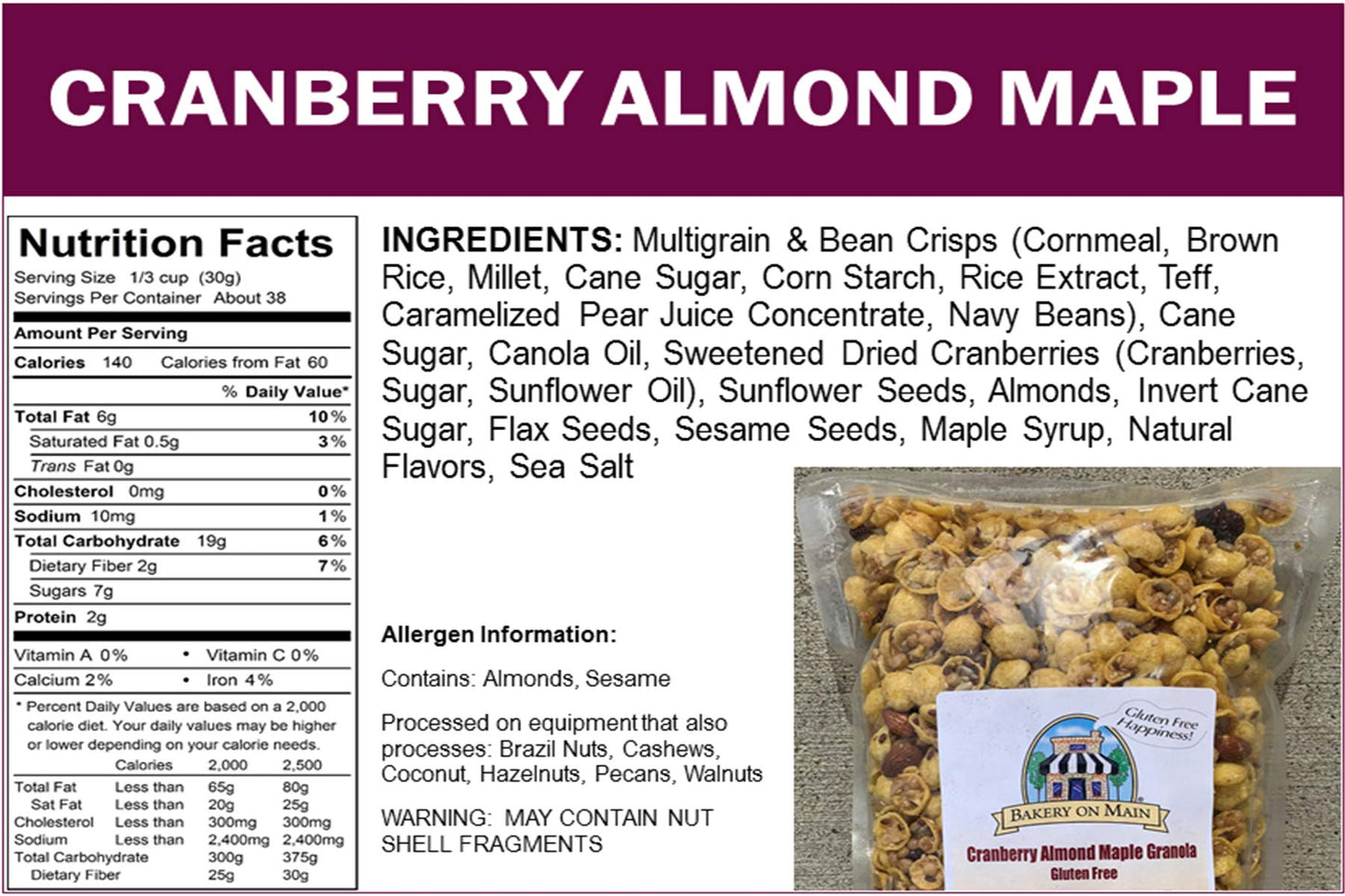 Bakery On Main Gluten Free Granola, Cranberry Almond Maple, 2.5 Pound (Pack Of 10)