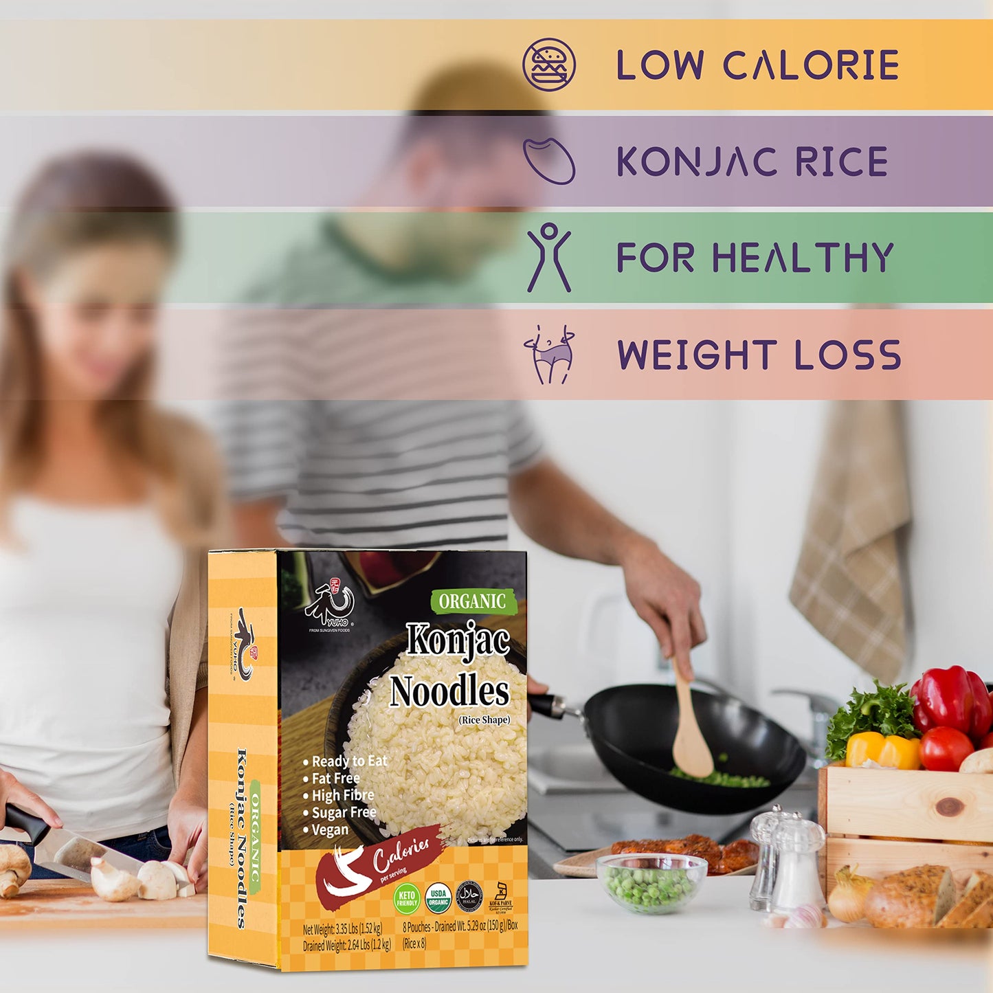 Yuho Organic Shirataki Rice 8 Pack, Organic Konjac Oat Rice, Ready To Eat Vegan, Plant-Based, Soy Free, Vegan, Paleo And Keto Fr