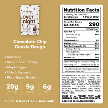 Oats Overnight Chocolate Chip Cookie Dough Breakfast Shake, Vegan, 20g Protein, Gluten Free, 2.6 oz (Pack of 8)
