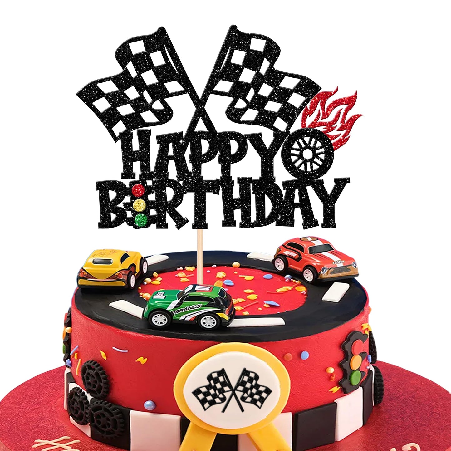 1 Pcs Race Car Happy Birthday Cake Topper Glitter Traffic Light Trophy Flag Wheel Racing Car Cake Pick For Let'S Go Racing Theme