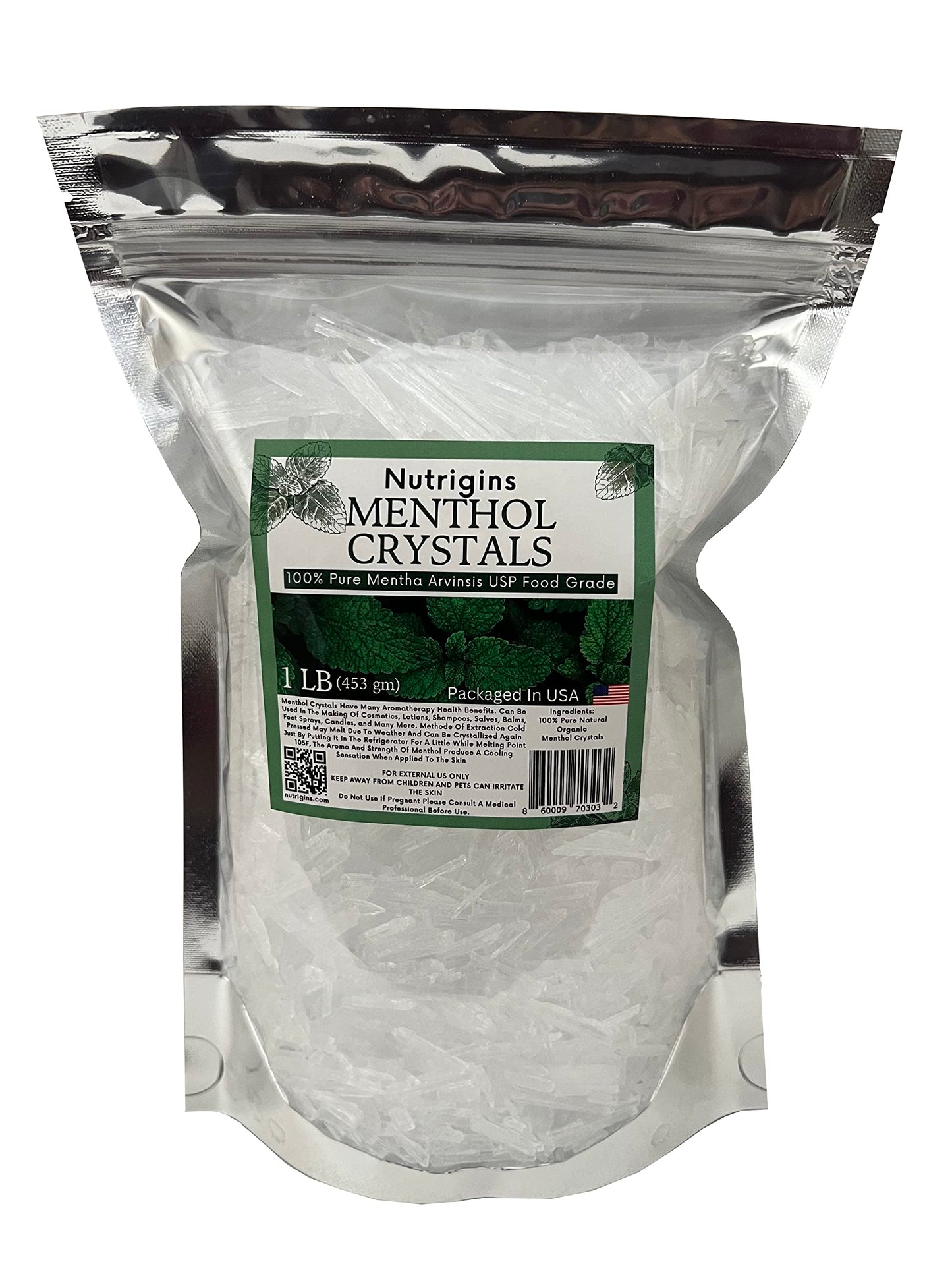 Nutrigins Menthol Crystal 1 Lb - Pure Organic 100% Natural - Menthol Crystals From Mint Crystal Mints Mentha Arvensis - Comes In Resealable Standup Bag For Long-Lasting Freshness