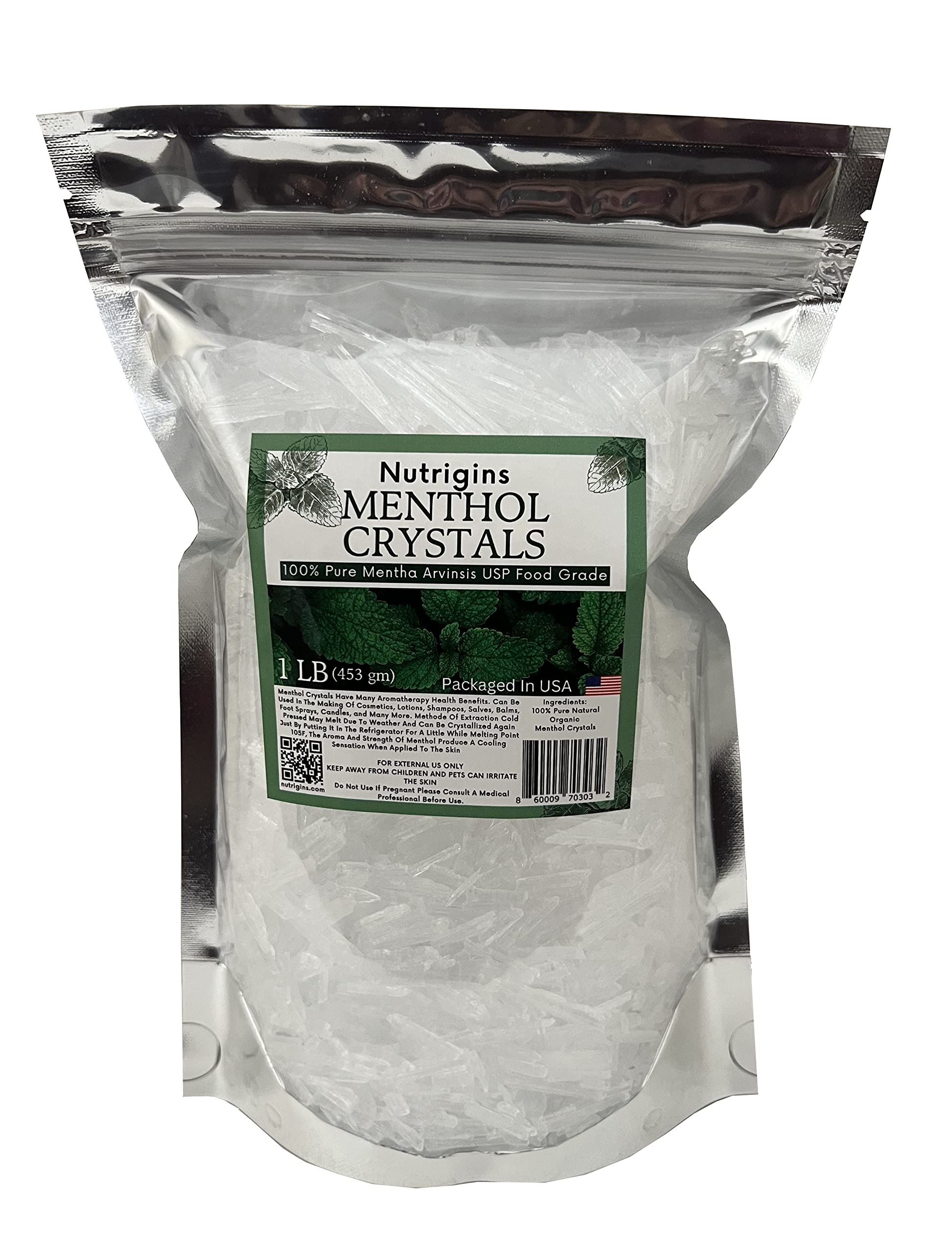 Nutrigins Menthol Crystal 1 Lb - Pure Organic 100% Natural - Menthol Crystals From Mint Crystal Mints Mentha Arvensis - Comes In Resealable Standup Bag For Long-Lasting Freshness