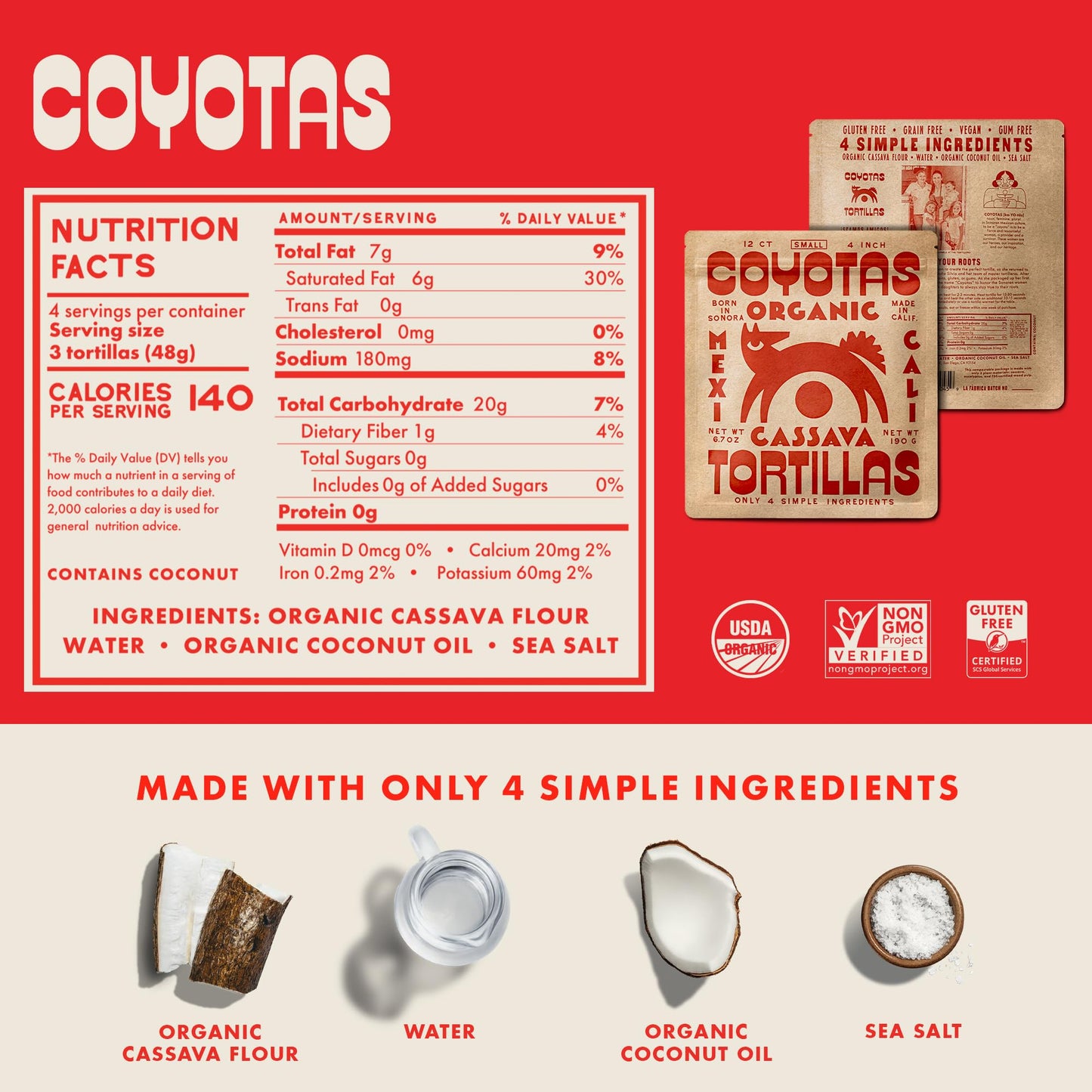 Coyotas Organic Cassava Tortillas - Grain-Free, Gluten-Free, Vegan, Paleo - 12 Small 4 Inch Tortillas (3 Packs)