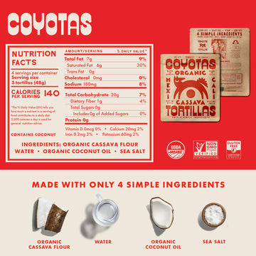 Coyotas Organic Cassava Tortillas - Grain-Free, Gluten-Free, Vegan, Paleo - 12 Small 4 Inch Tortillas (3 Packs)