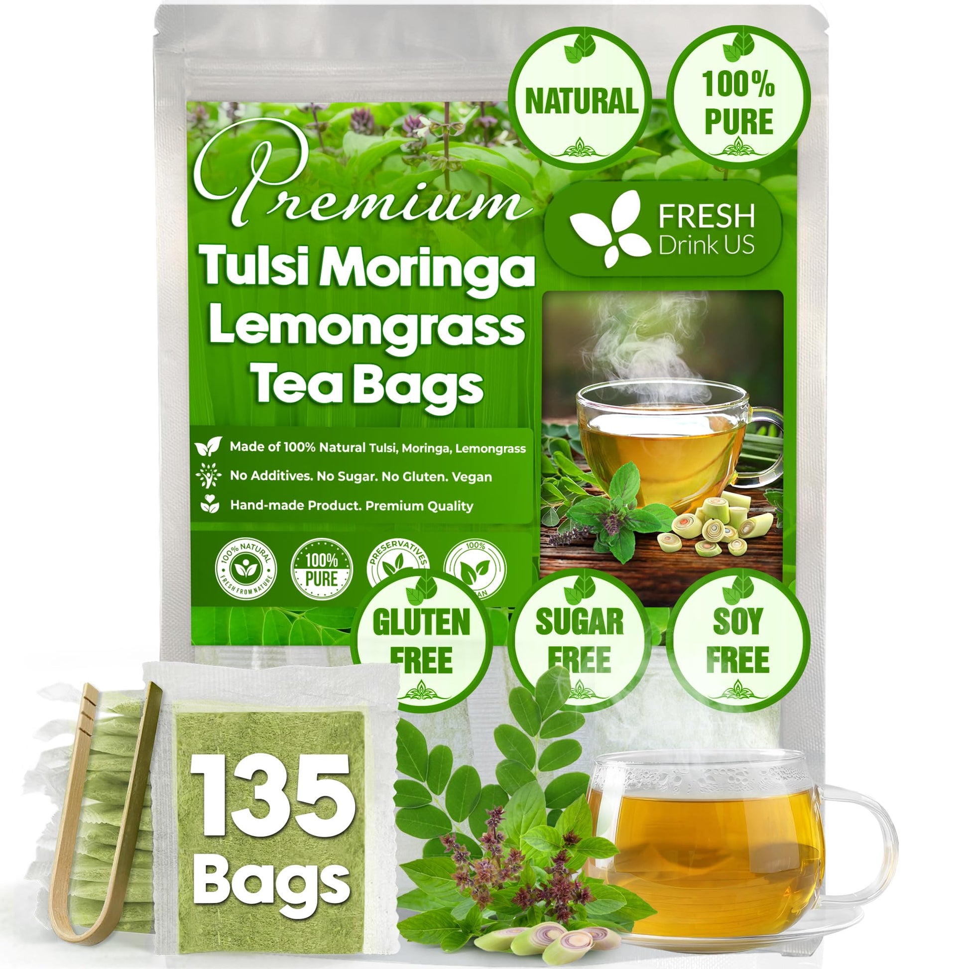 FRESHDRINKUS Premium Tea Bags, Tulsi Moringa Lemongrass, 100% Natural, Vegan, 135 Bags
