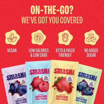 Smash Foods Single Serve Jam Packets | Variety 12-Pack | Natural, Keto & No Sugar Added | Vegan & Upcycled Fruit Spread | Low-Ca