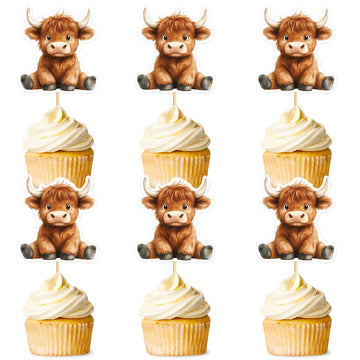 Cyodoos 24Pcs Highland Cow Cupcake Toppers Farm Animals Cupcake Picks Highland Cow Theme Baby Shower Kids Birthday Party Cake De