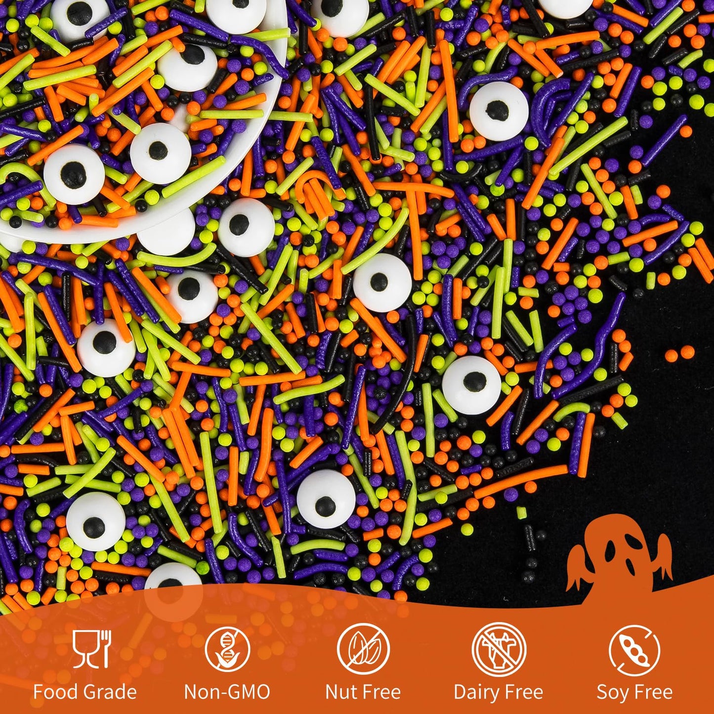Edible Halloween Sprinkles,Black White Eyes Purple Green Orange and Black Pearls and Jimmies Mixed,130g/4.58ounce,Monster Sprink