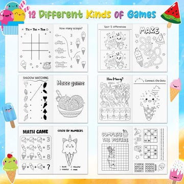 X1Zuue Ice Cream Activity Books For Kids 24Pcs Summer Ice Cream Mini Games Coloring Book Set Bulk Mazes Word Search Word Scrambl