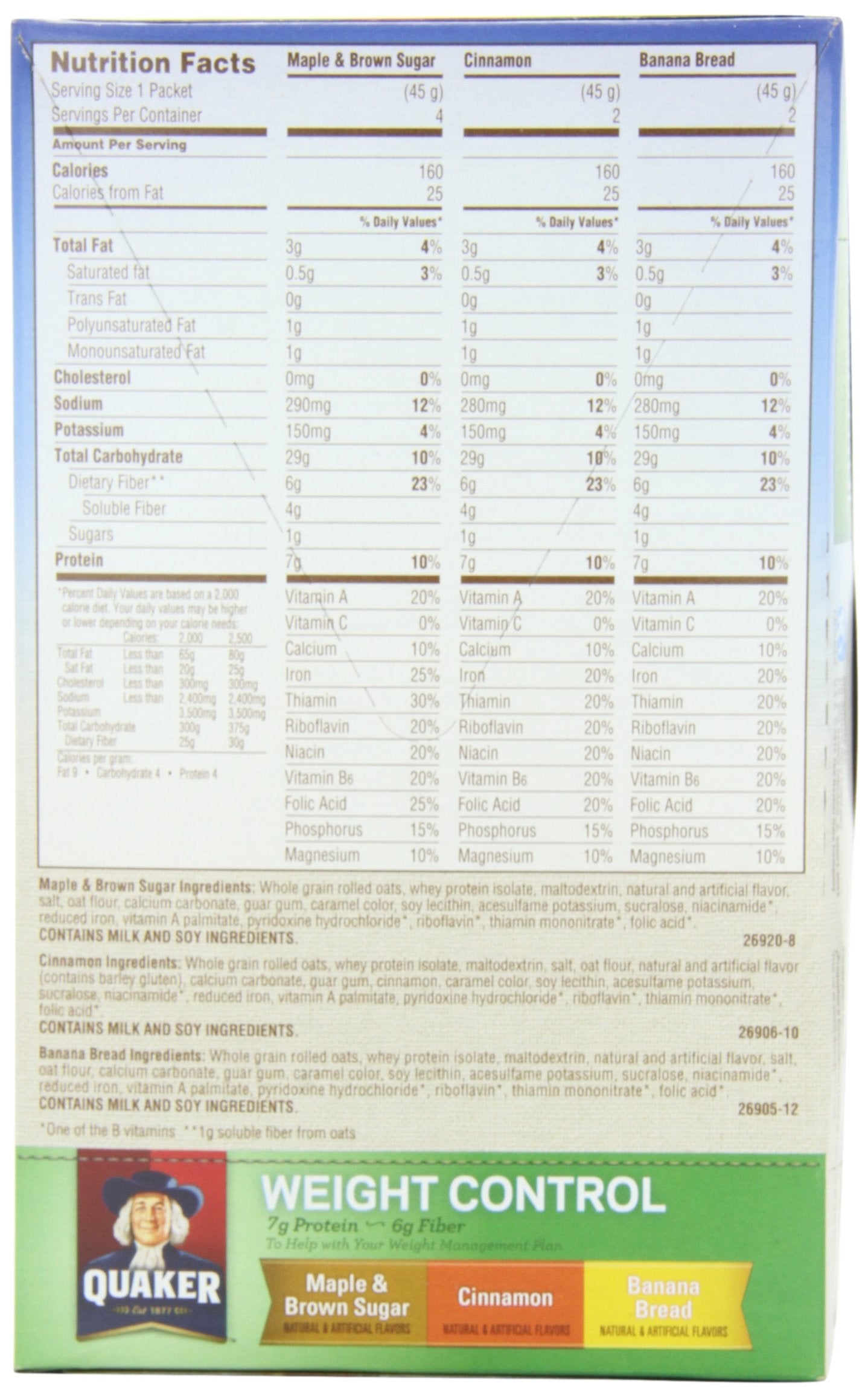 Quaker Instant Oatmeal Weight Control, Variety Pack, Breakfast Cereal, 8 Packets Per Box ,12.6 Ounce (Pack of 4)