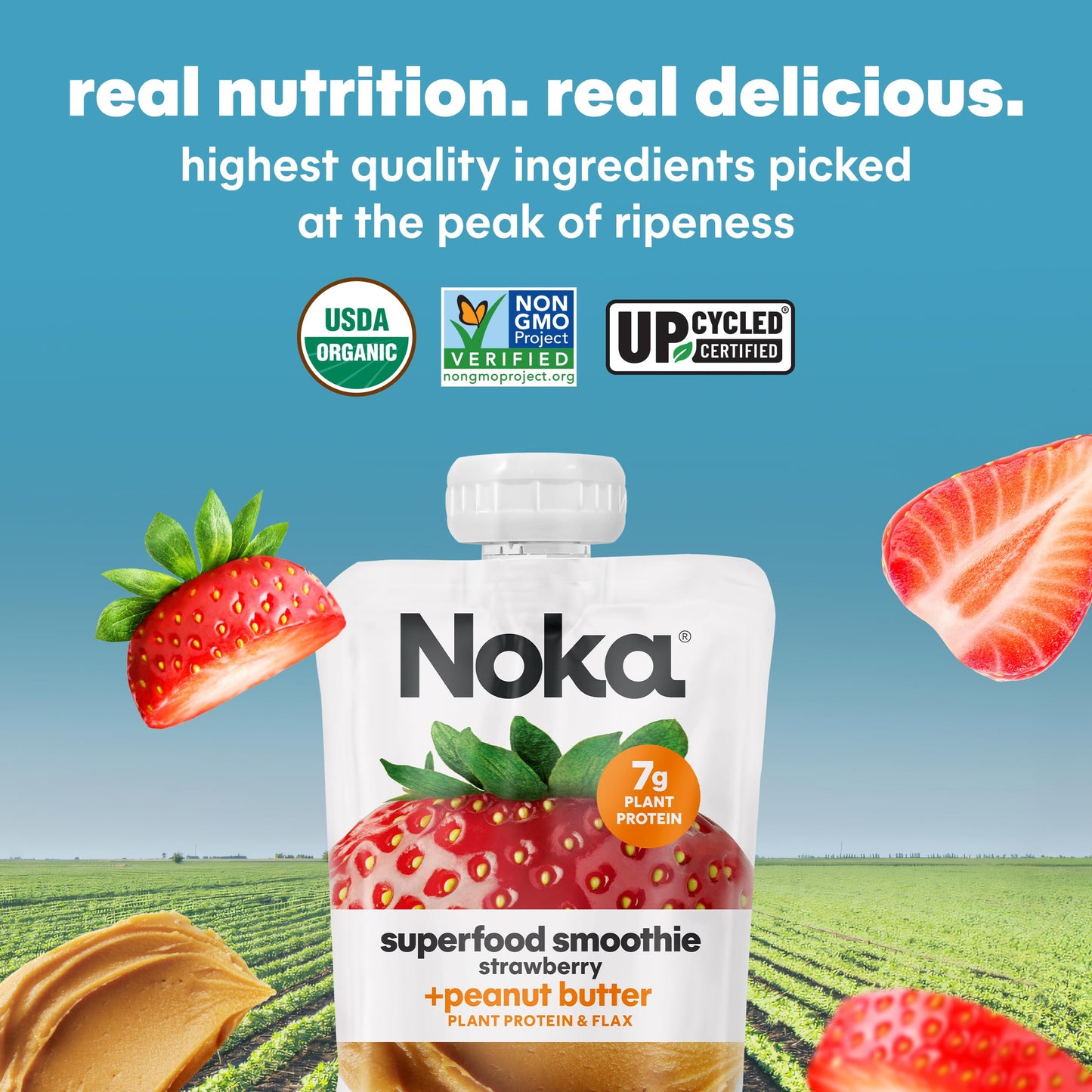 Noka Superfood Fruit & Nut Butter Smoothie Pouches, Healthy Snacks (Strawberry Peanut Butter) 12 Pack, Vegan, Plant Protein, Glu
