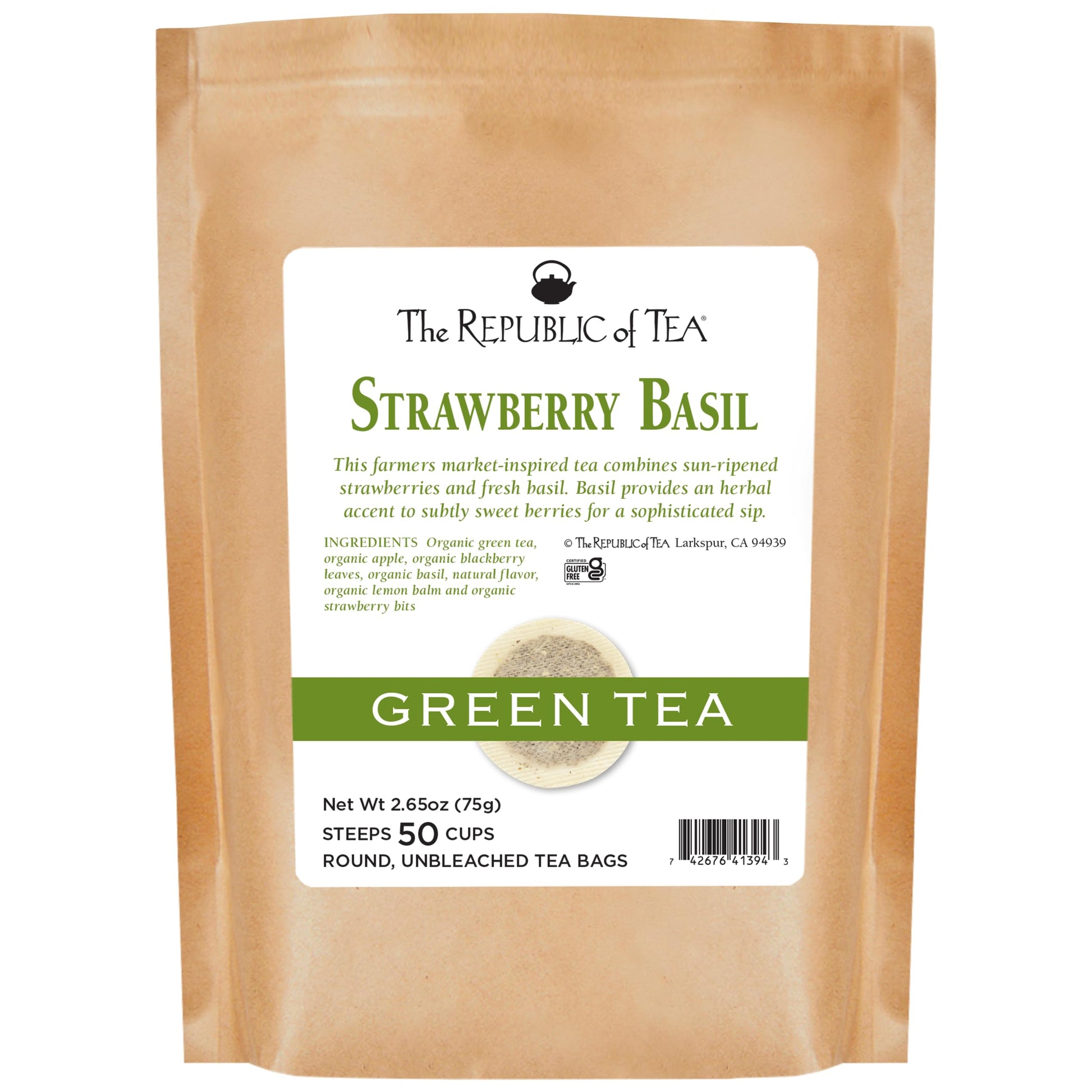 The Republic of Tea Organic Strawberry Basil Green Tea, 50 Tea Bags, Refill Pack