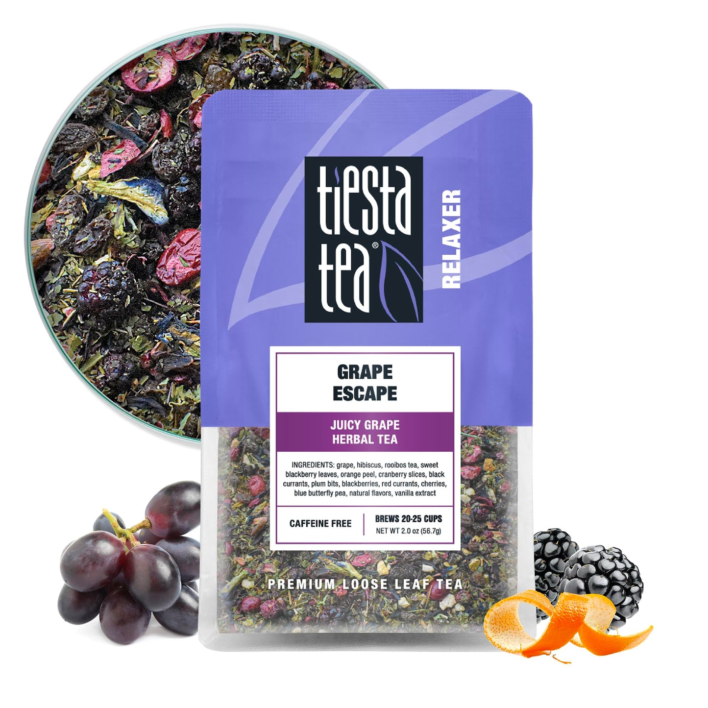 Tiesta Tea Grape Escape Herbal Tea, Non-Caffeinated Fruit Blend, Loose Leaf, 2oz Pouch, Makes Hot or Iced, Up to 25 Cups