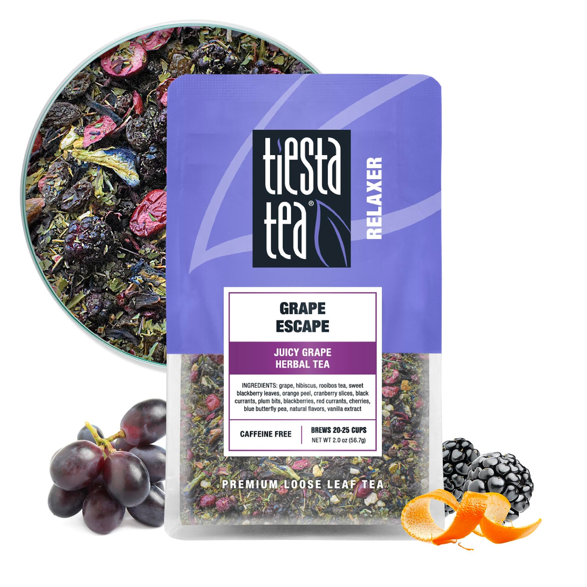 Tiesta Tea Grape Escape Herbal Tea, Non-Caffeinated Fruit Blend, Loose Leaf, 2oz Pouch, Makes Hot or Iced, Up to 25 Cups