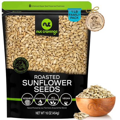 NUT CRAVINGS - Roasted Unsalted Sunflower Seeds Kernels to eat, No Shell Hulled (16oz - 1 LB) Bulk Nuts Packed Fresh in Resealab