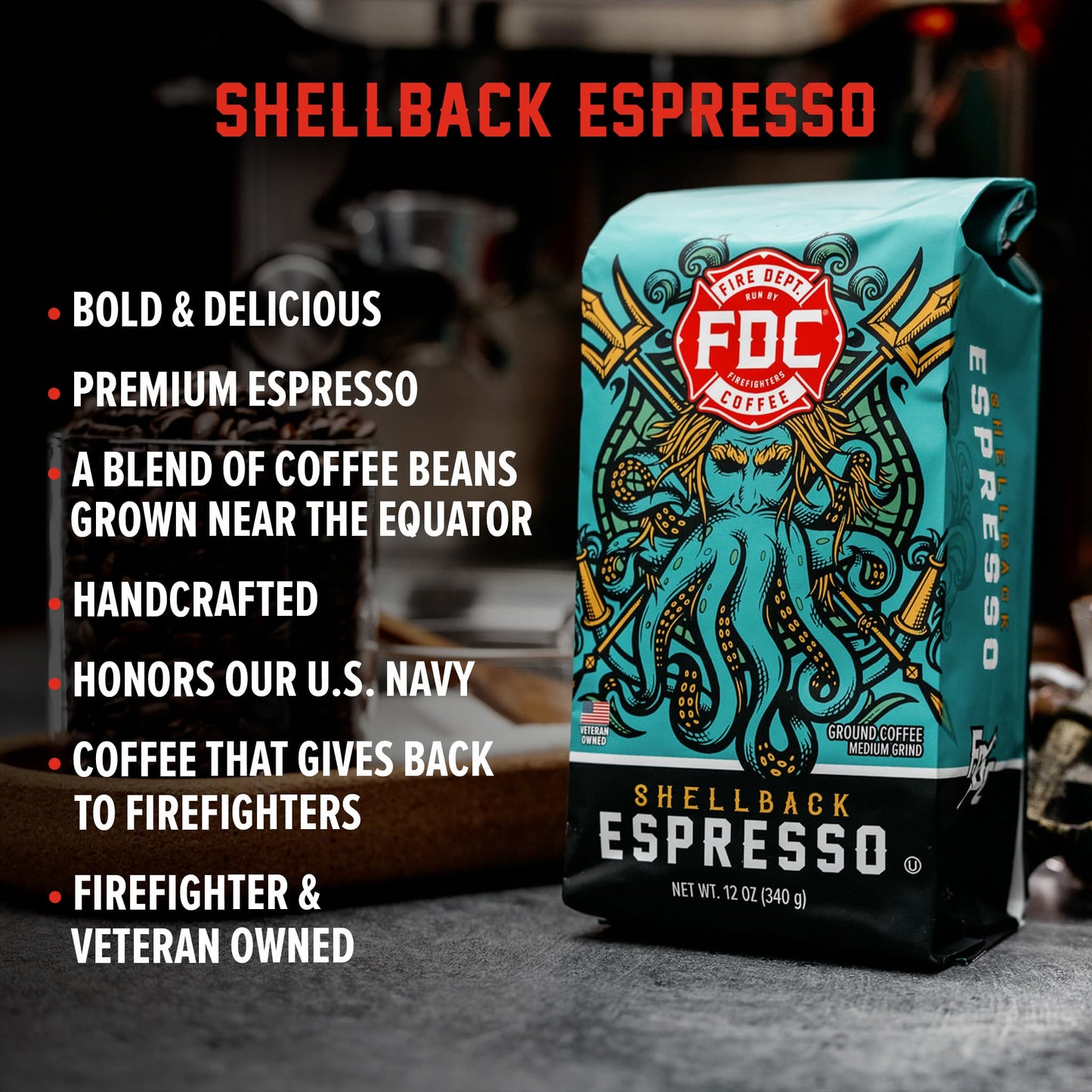 Fire Department Coffee - Gives Back To Firefighters - Bold & Smooth Shellback Espresso Ground Coffee - Roasted In The Usa - Hand
