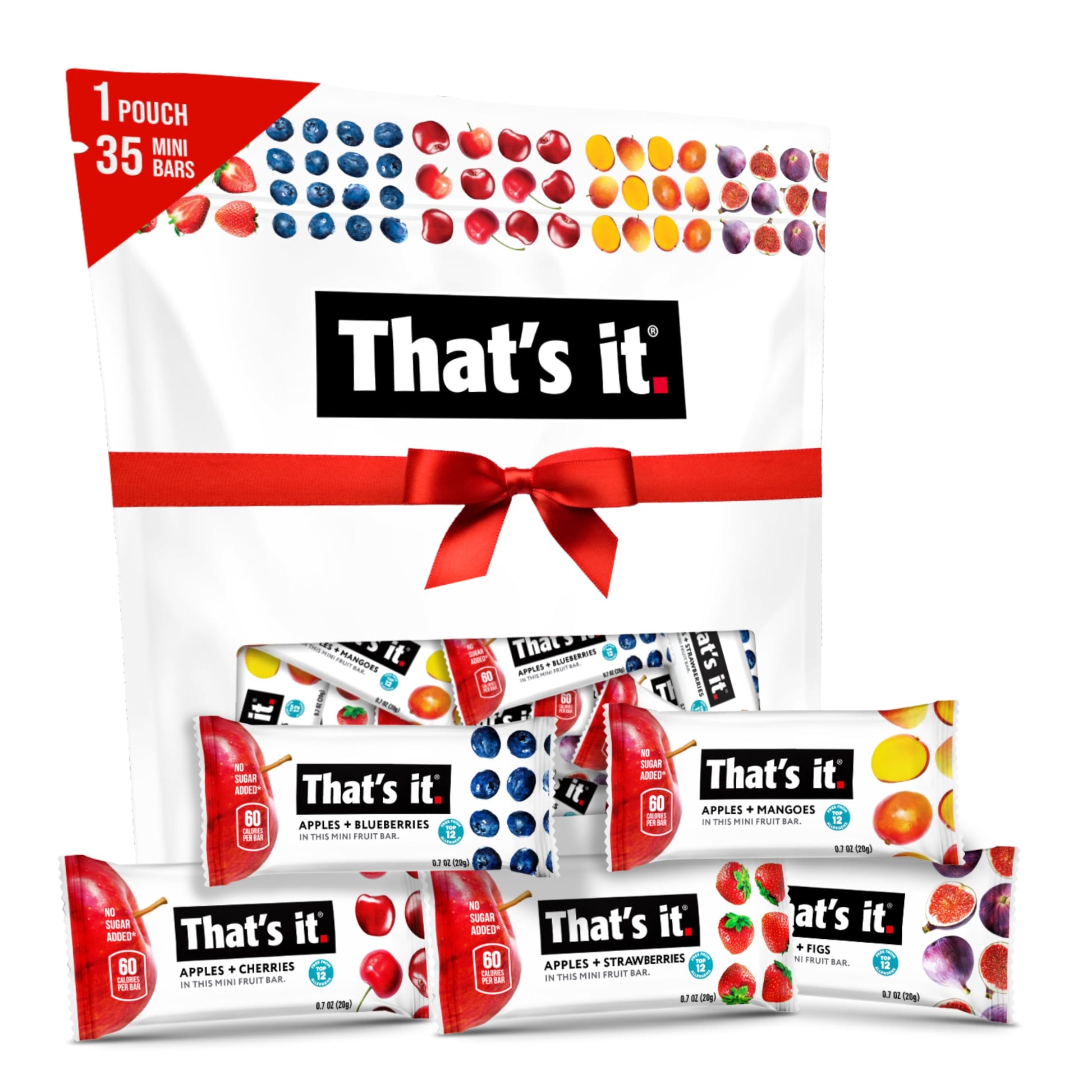 Thats it. Mini Fruit Bars Variety Pack, No Sugar Added, Vegan, Gluten Free, Medium Size, 35 Bars, Includes Blueberry, Cherry, Fig, Mango, Strawberry