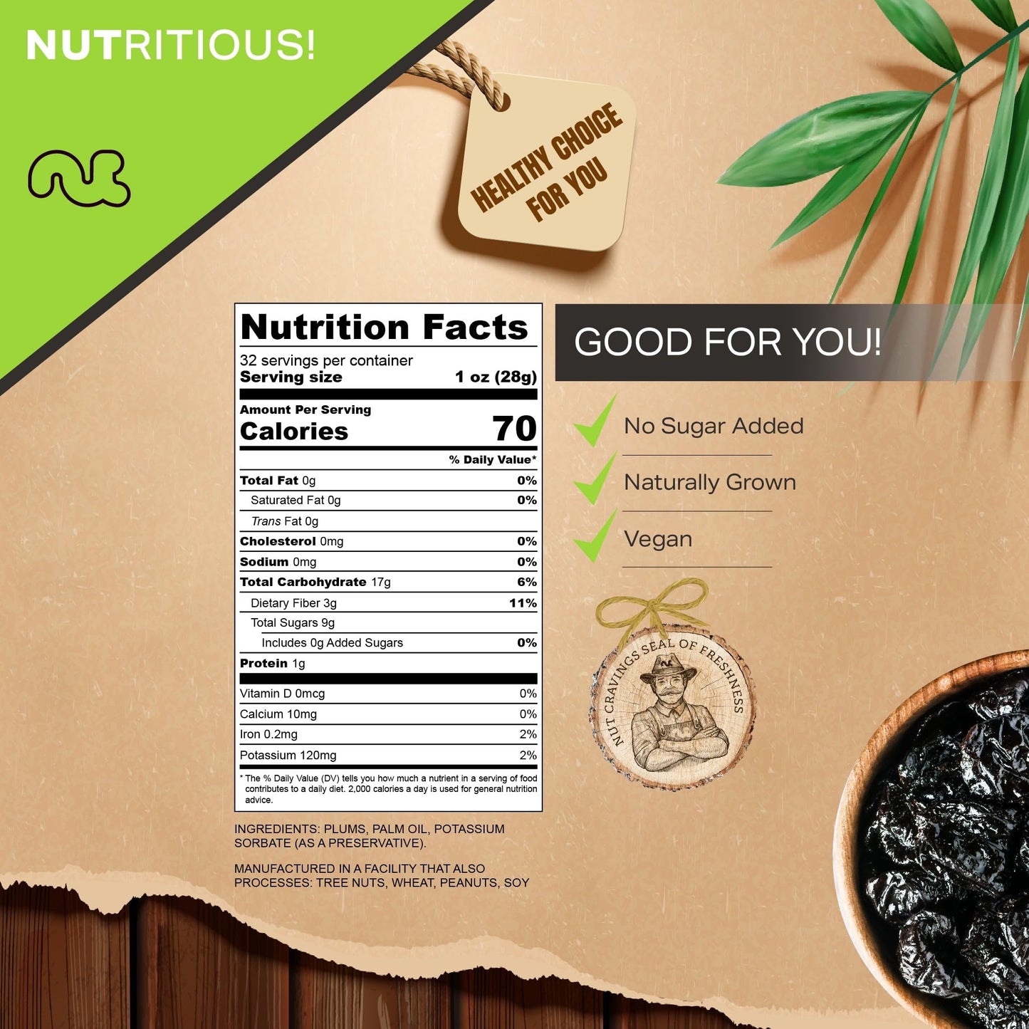 Dried Prunes Pitted Unsweetened, Dry Plums No Sugar Added (32Oz - 2 Lb) Packed Fresh In Resealable Bag - Sweet Fruit Snack Treat